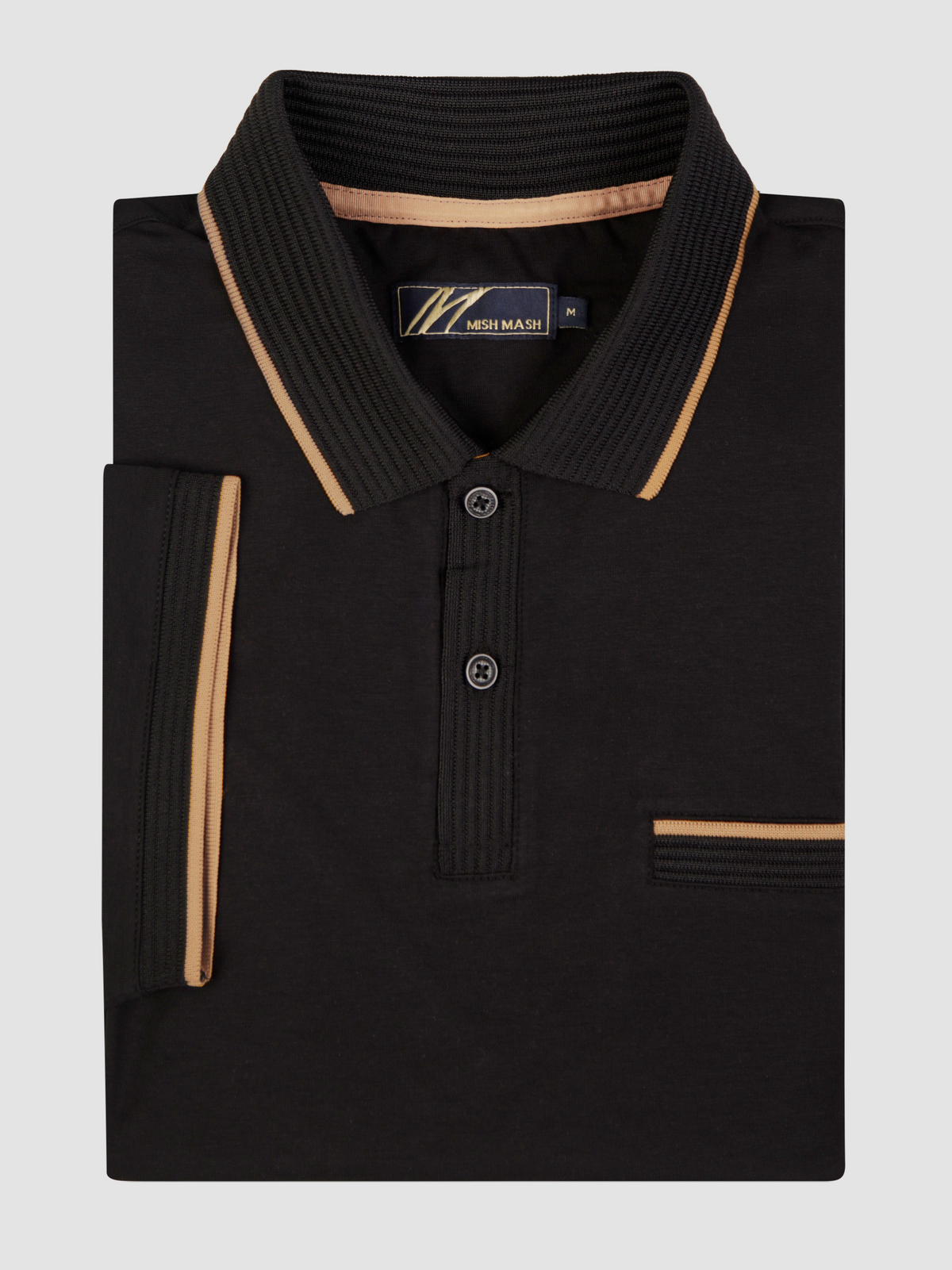 Tonto Black short sleeve polo shirt with textured rib collar and contrast tipping detail.