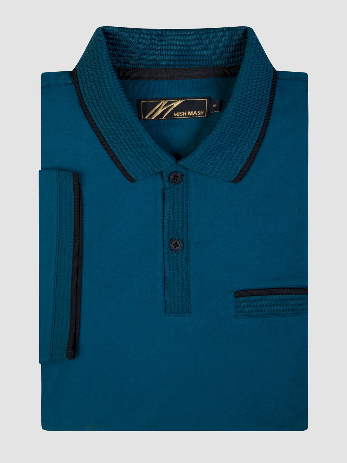 Tonto Teal short sleeve polo shirt with textured rib collar, placket, and contrast tipping, folded neatly.