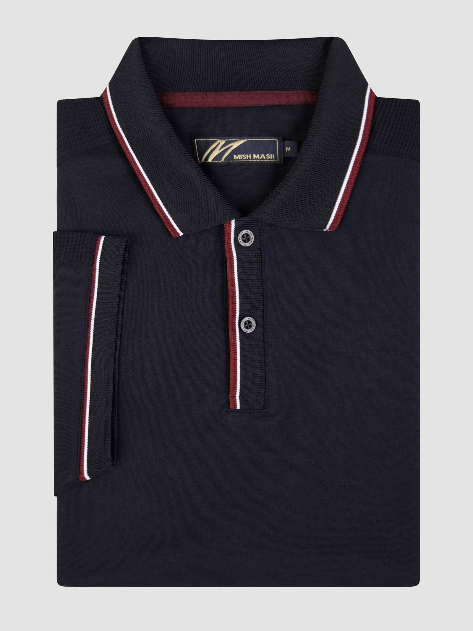 Navy short sleeve polo shirt with contrast tipping collar and cuff, featuring classic rib button placket and branded tab.