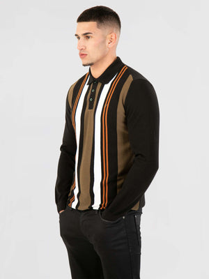 Regular Fit Aztec Black Stripe Long Sleeve Knitted Polo