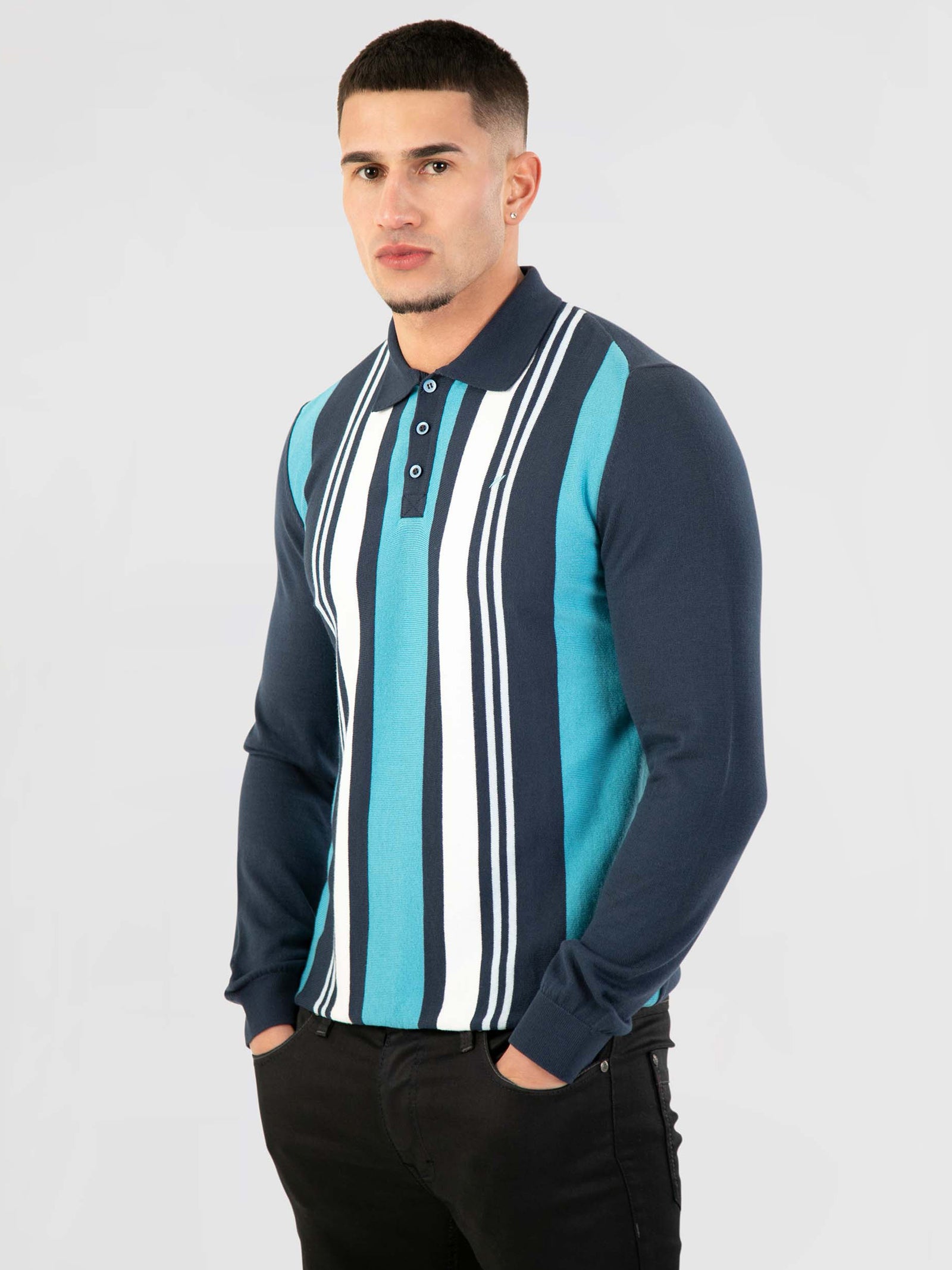 Regular Fit Aztec Navy Stripe Long Sleeve Knitted Polo