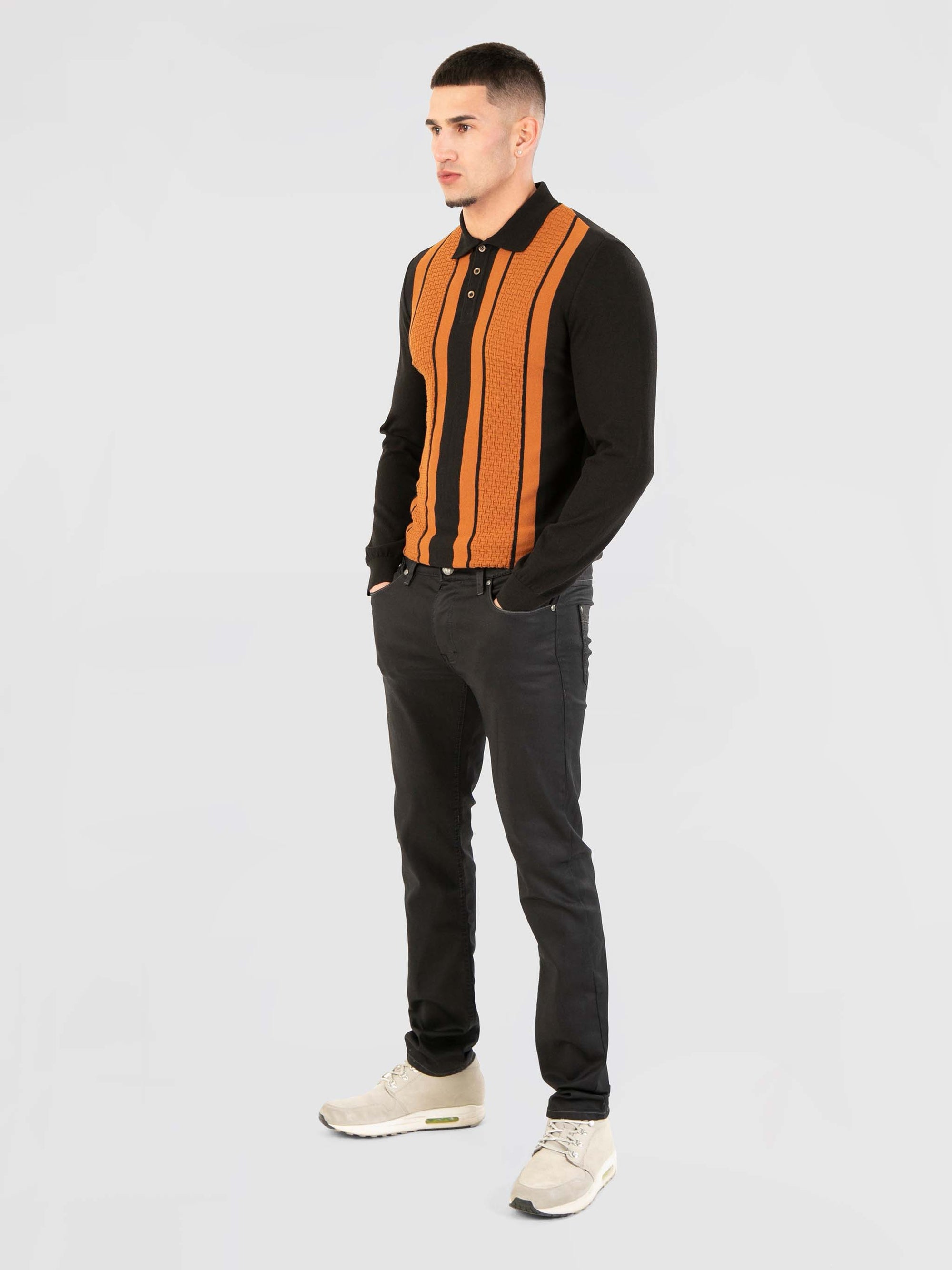 Regular Fit Blanco Black/Cinnamon Long Sleeve Knitted Polo