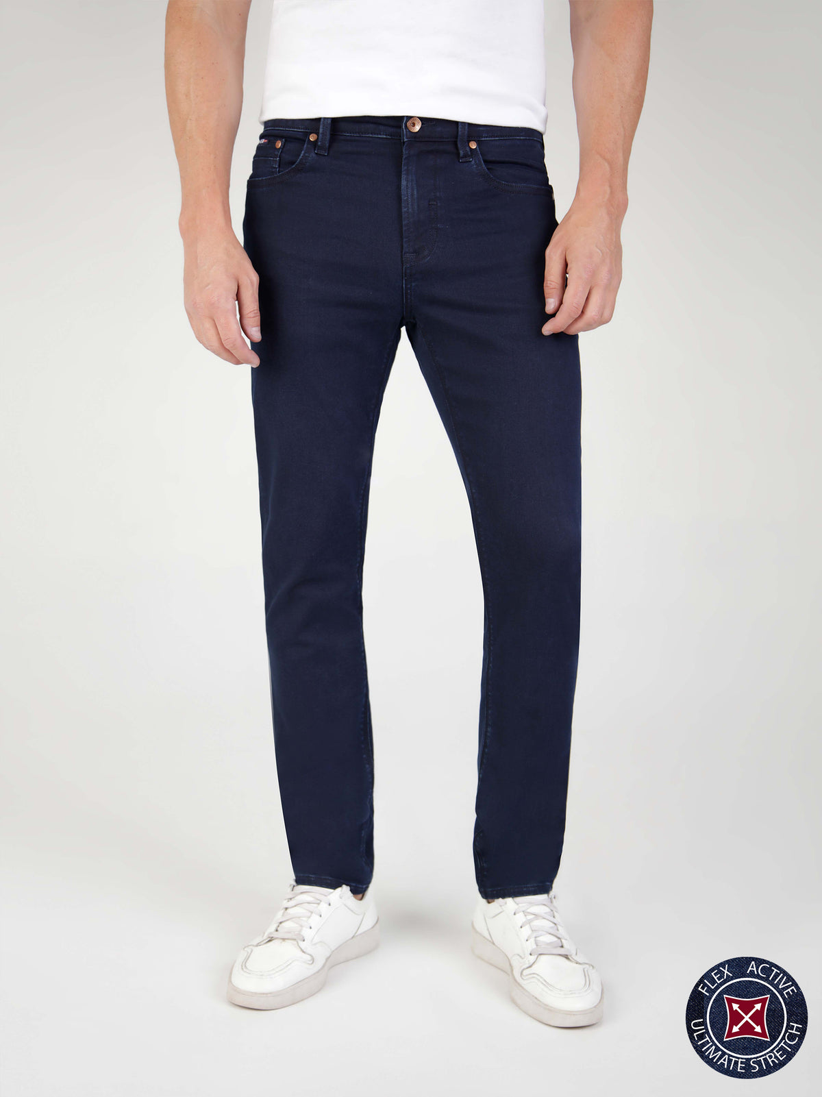 Tapered Fit Flex Active Blue Black Denim Jean