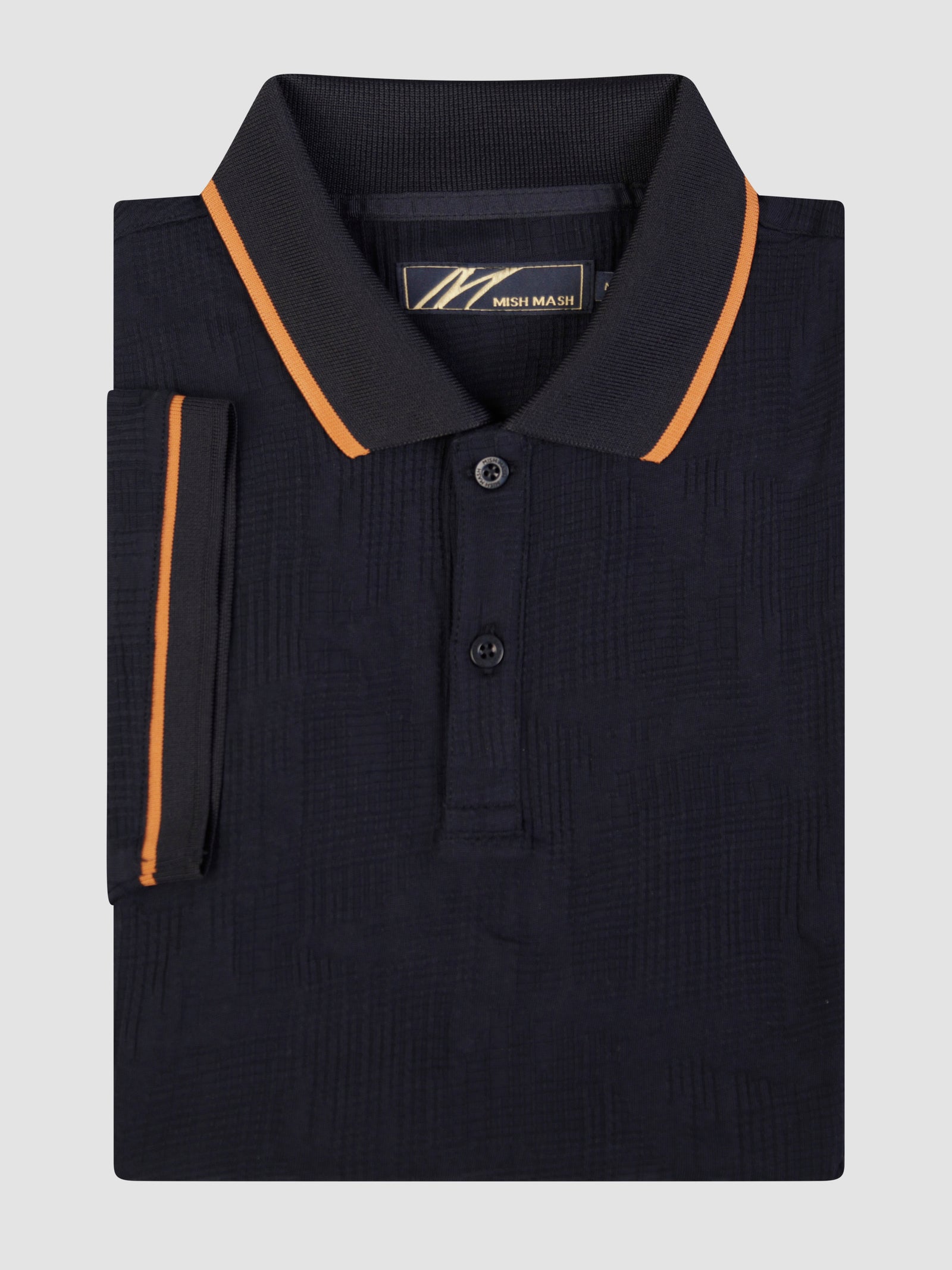 A black polo with contrast collar and cuff detail,