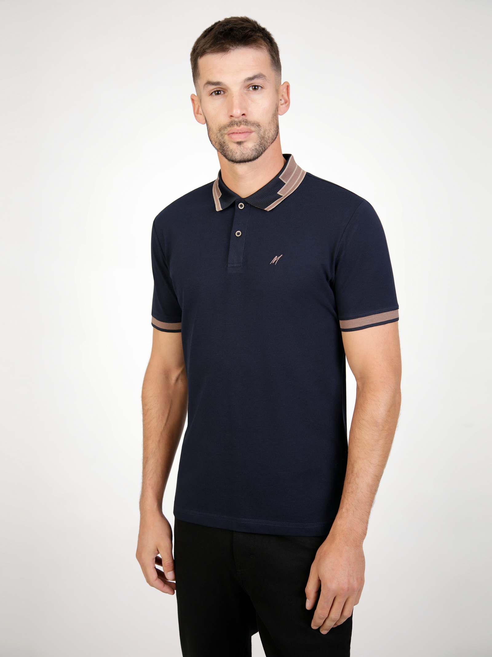 A black polo with a contrast collar and rig, for autumn fashion, designed for men.