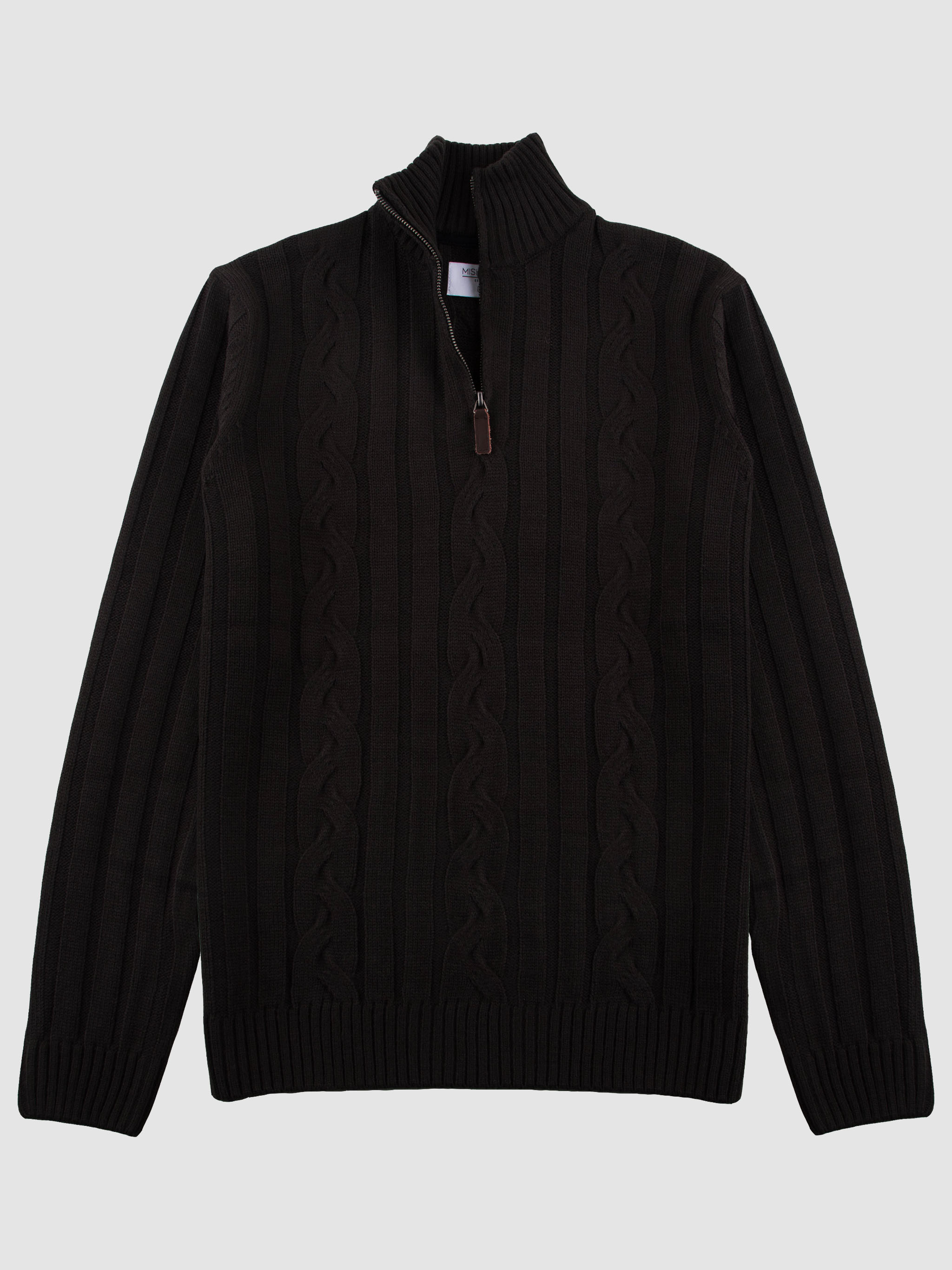 Regular Fit Cable Black 3 4 Zip Knitted Sweater