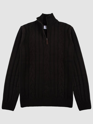 Regular Fit Cable Black 3/4 Zip Knitted Sweater