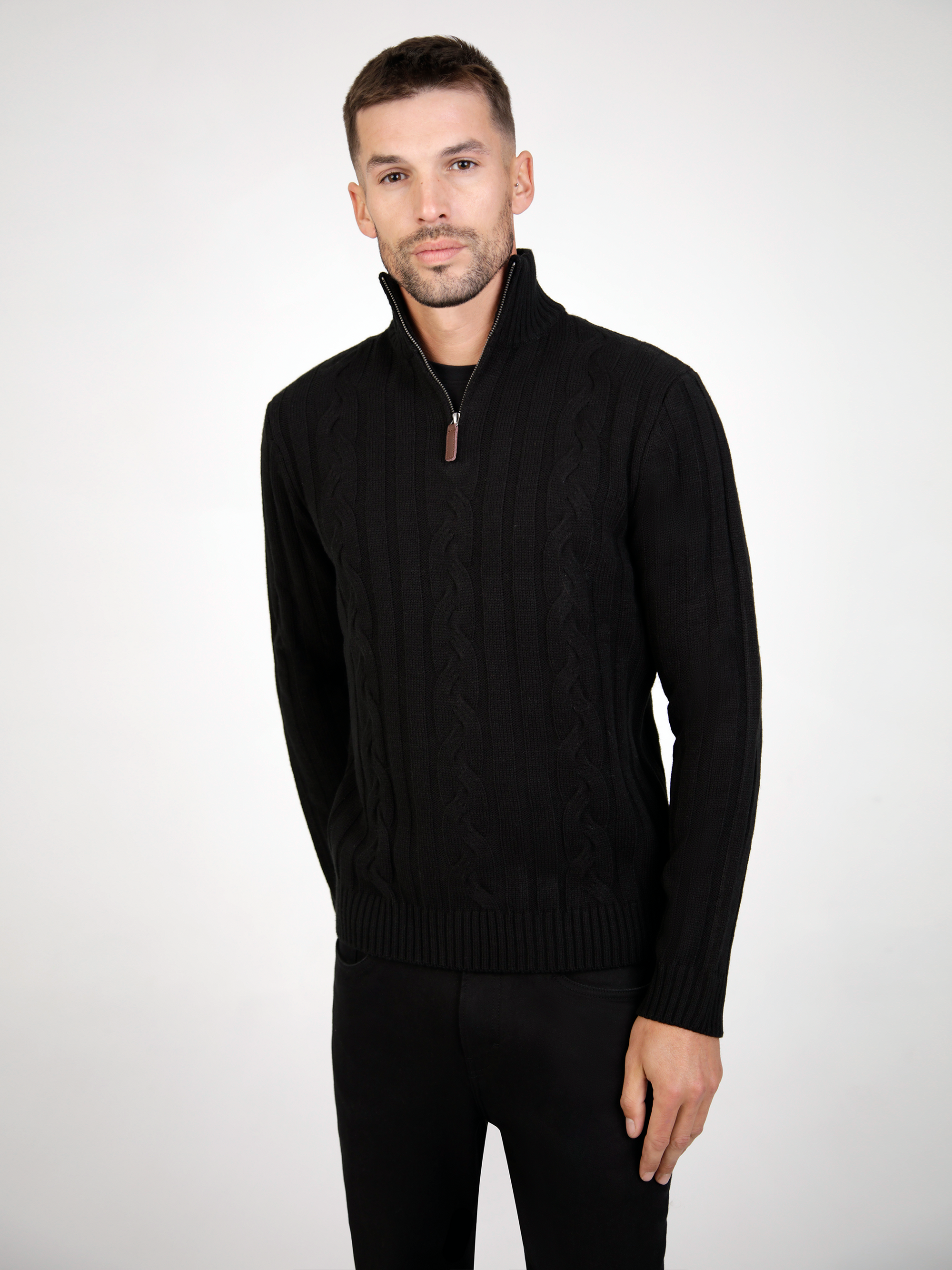 Regular Fit Cable Black 3/4 Zip Knitted Sweater
