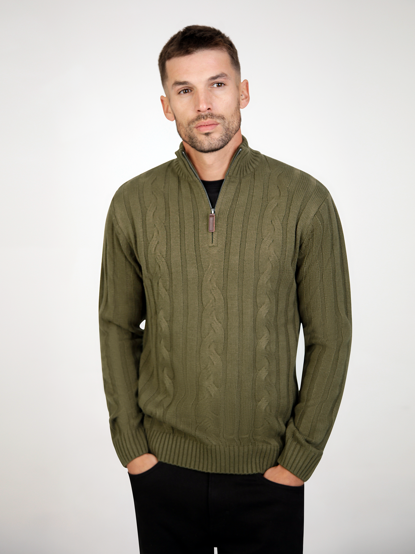 Regular Fit Cable Murky Green 3/4 Zip Knitted Sweater