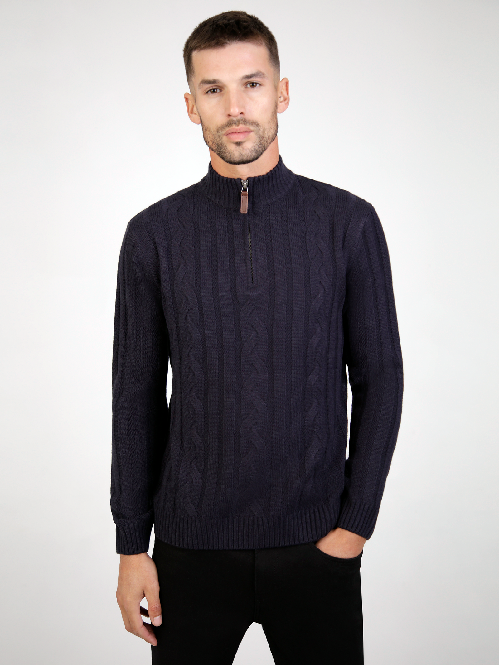 Regular Fit Cable Navy 3/4 Zip Long Sleeve Knit