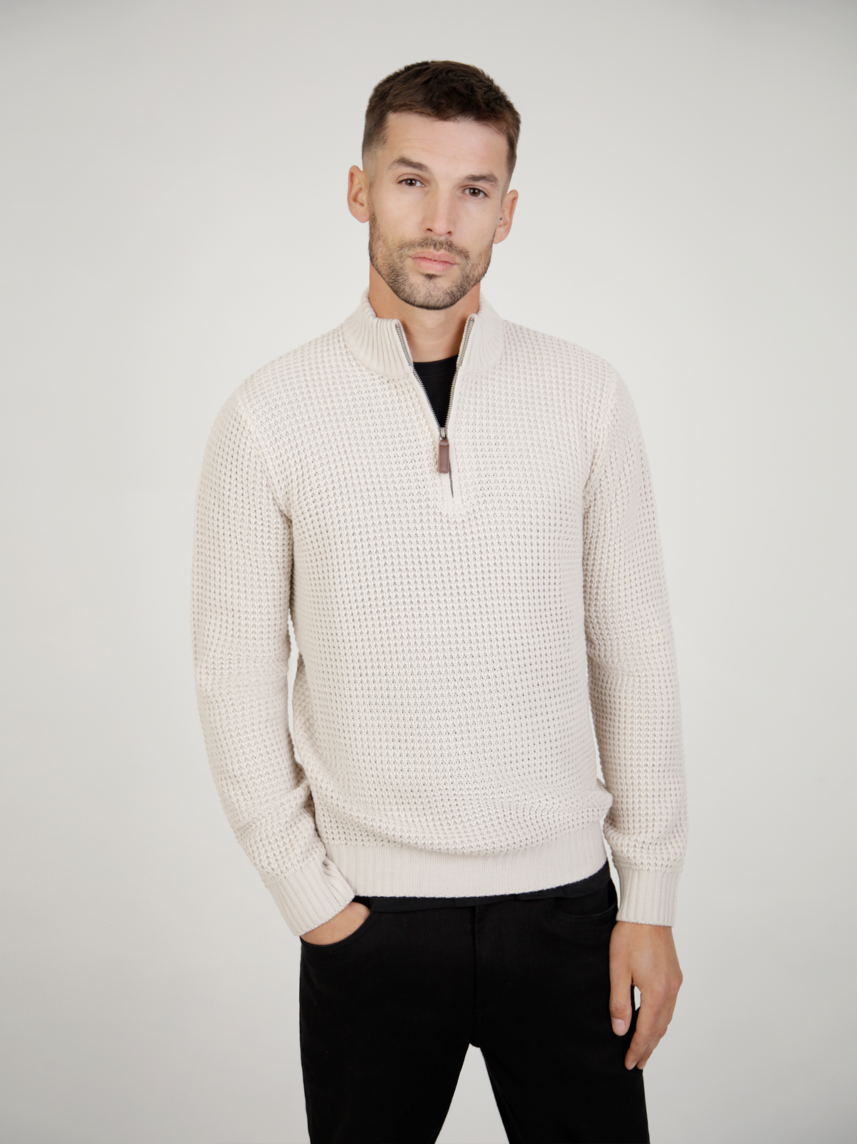 Regular Fit Chain Gardenia 3/4 Zip Knitted Sweater