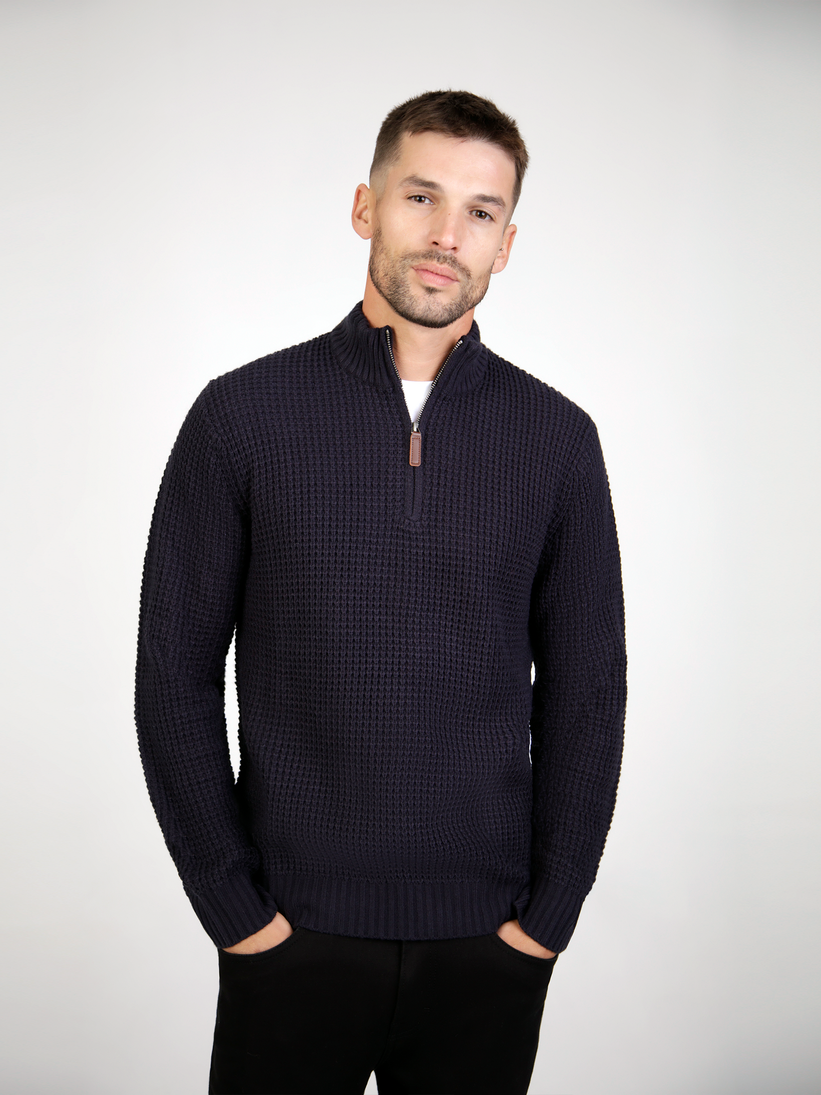 Regular Fit Chain Navy 3/4 Zip Knitted Sweater