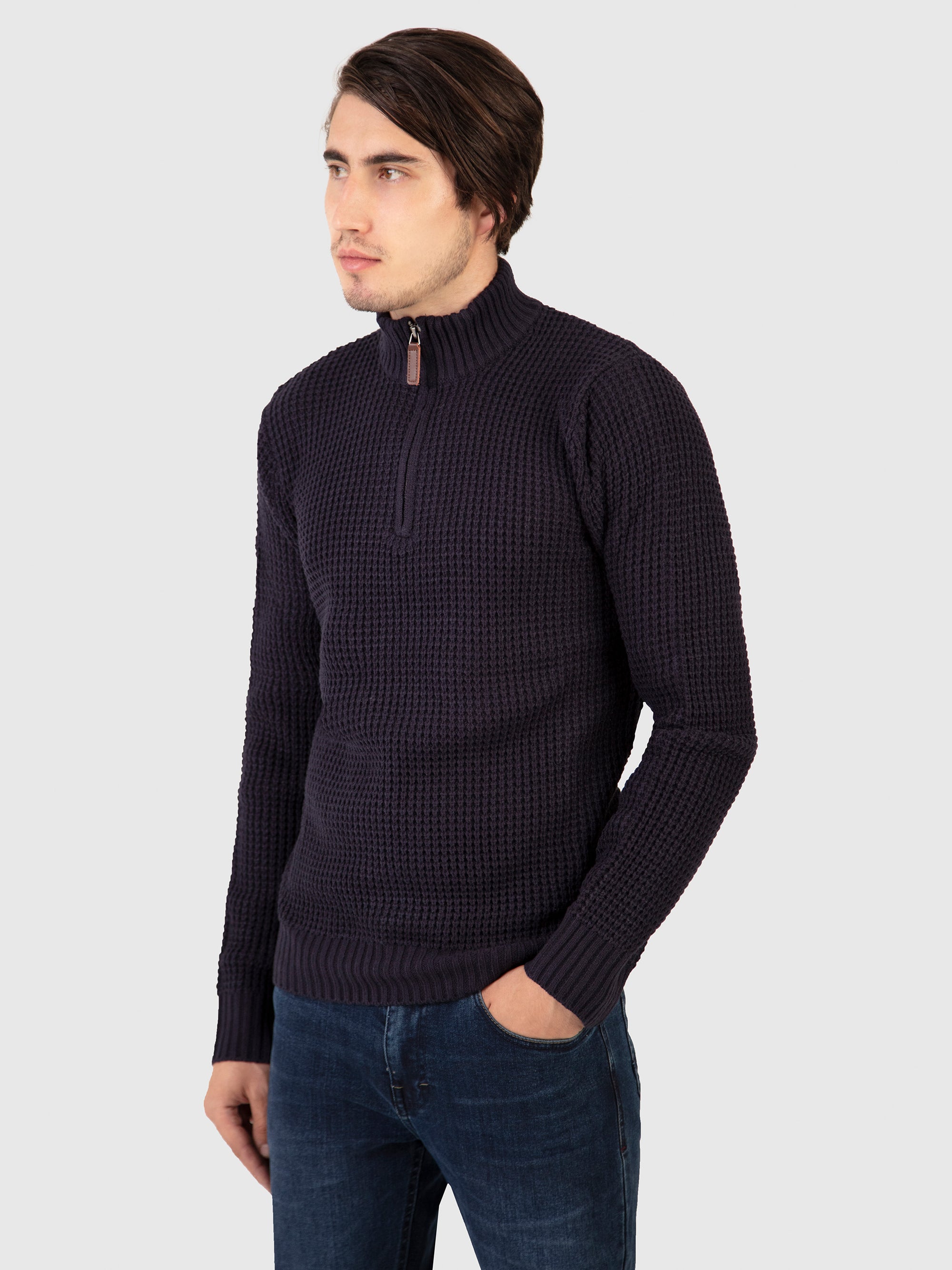 Regular Fit Chain Navy 3/4 Zip Knitted Sweater