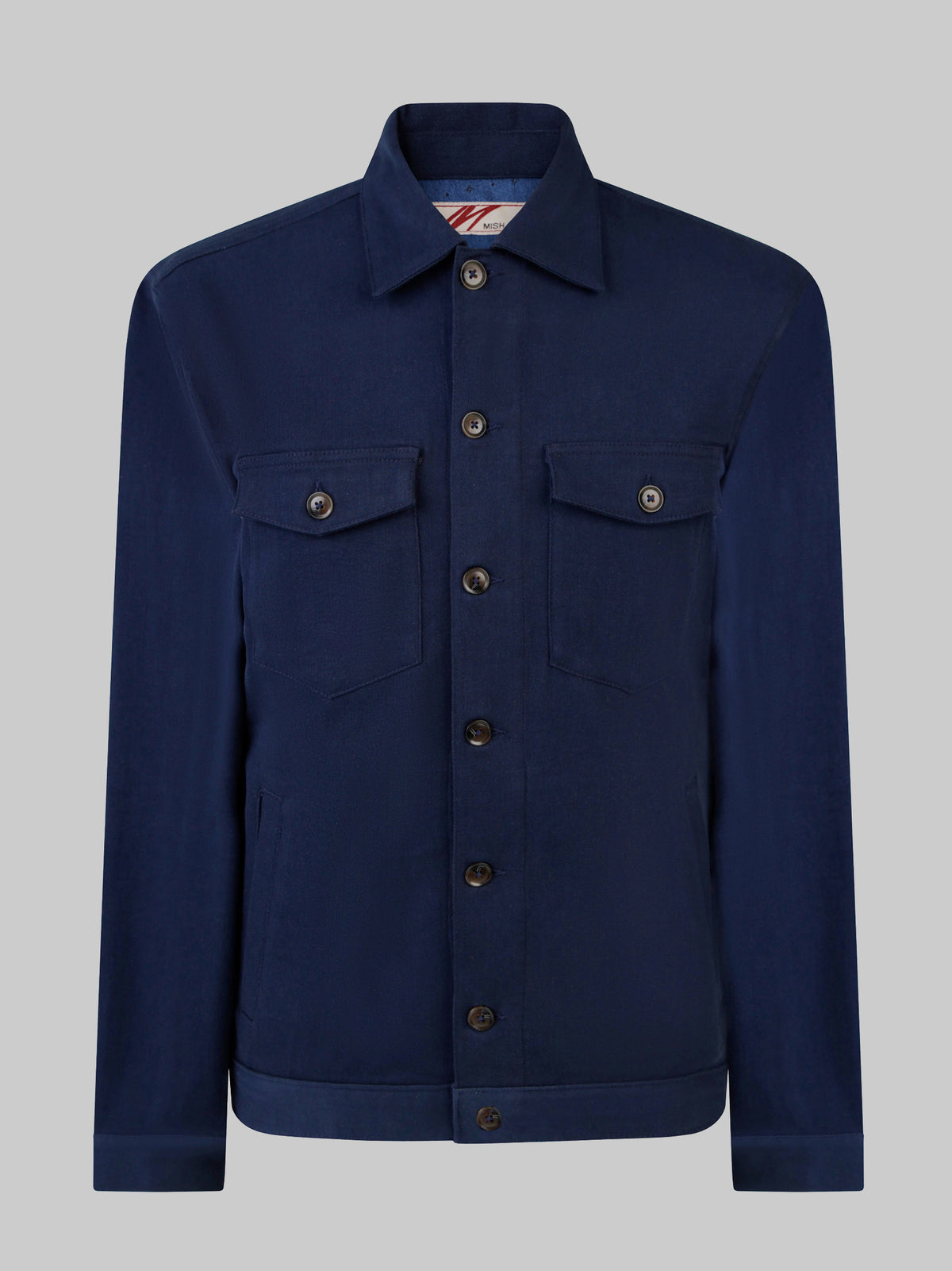 A navy lightweight denim jacket, designed in the UK for men.