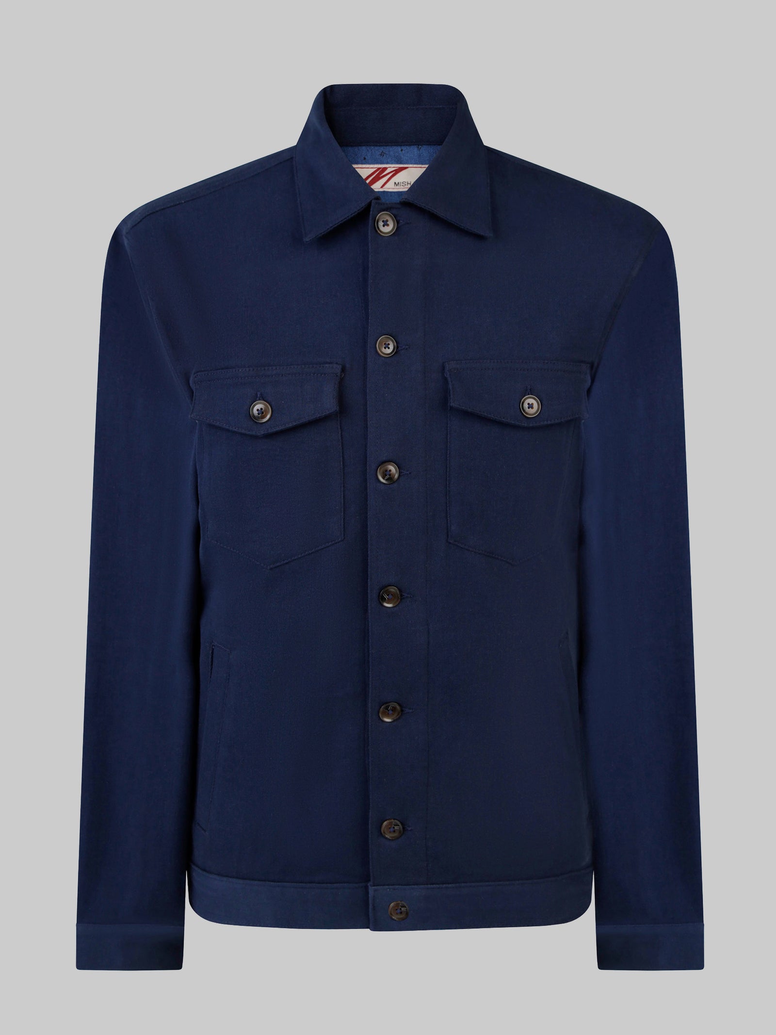 A navy lightweight denim jacket, designed in the UK for men.