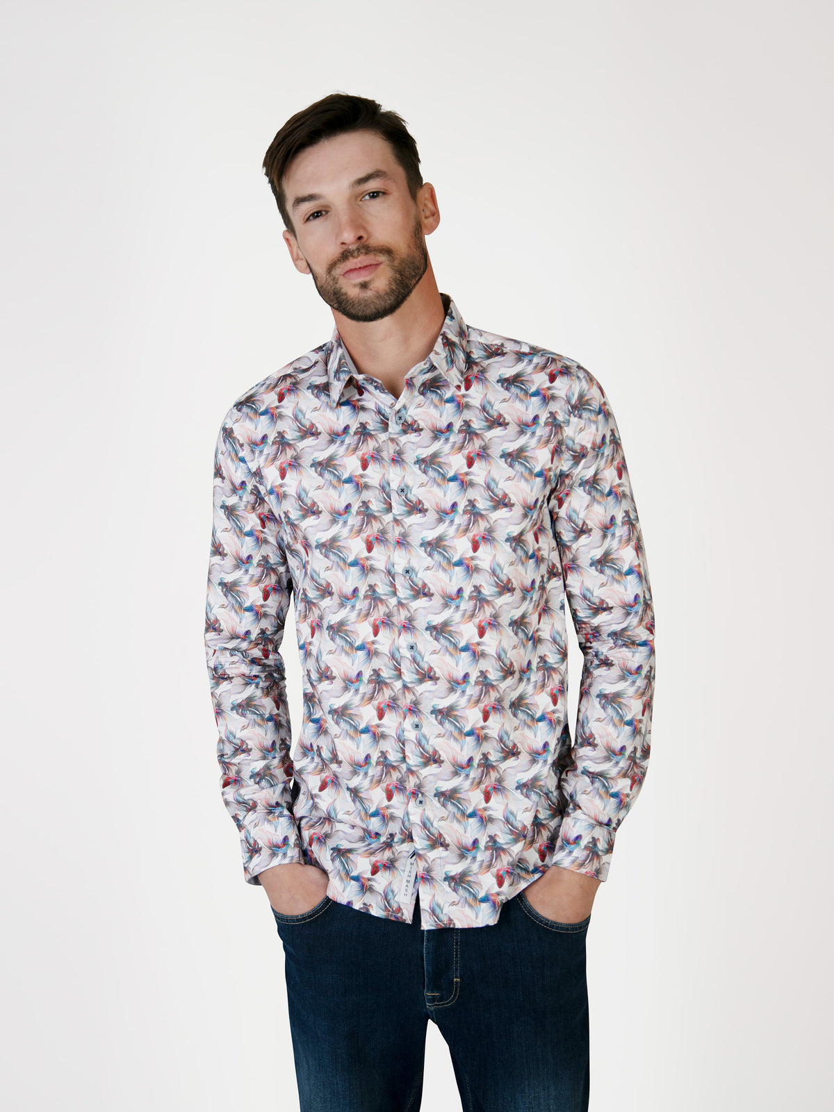 Fish White & Multi Print Long Sleeved Shirt