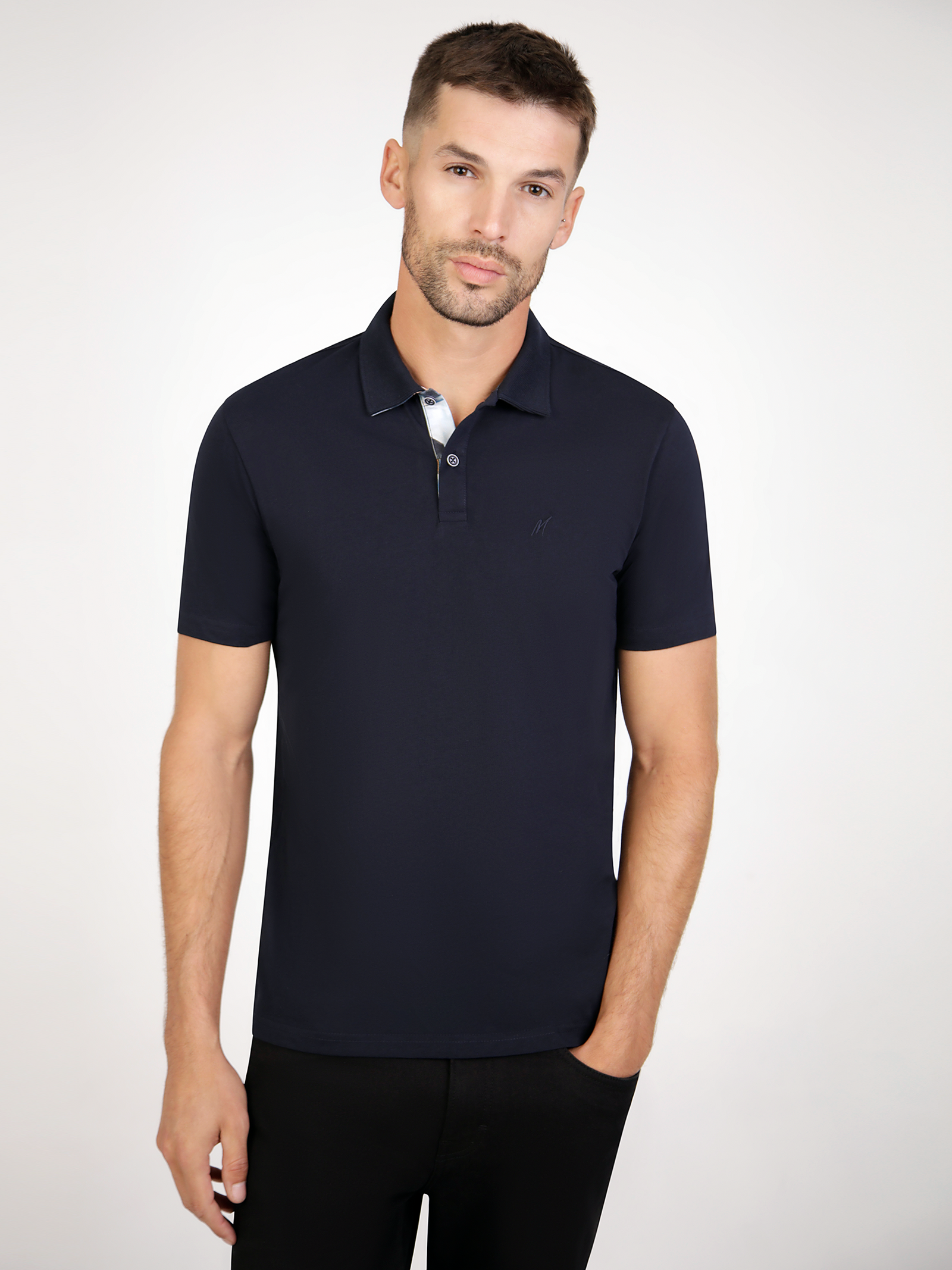 A navy polo designed for men.