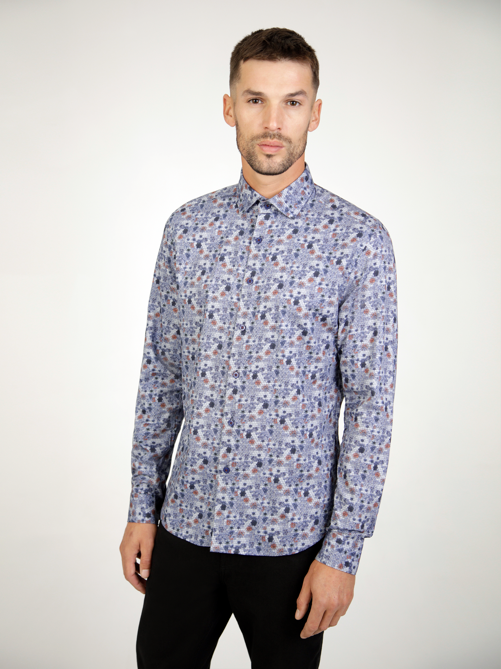 A floral ditzy patterned shirt, designed for men. 