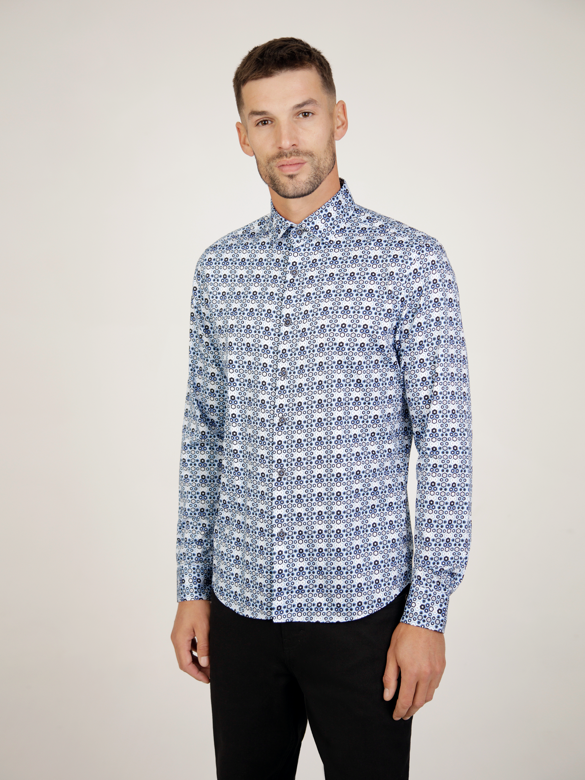 Platinum Navy & Blue long sleeve shirt with geometric pattern, 100% cotton, regular fit, button under collar detail.