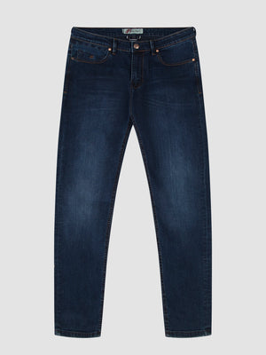 Tapered Fit Mid Stretch Santana Blue Black Denim Jeans