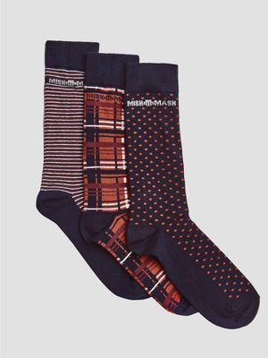 MM Sock Triple Box 5 Red & Navy Tartan