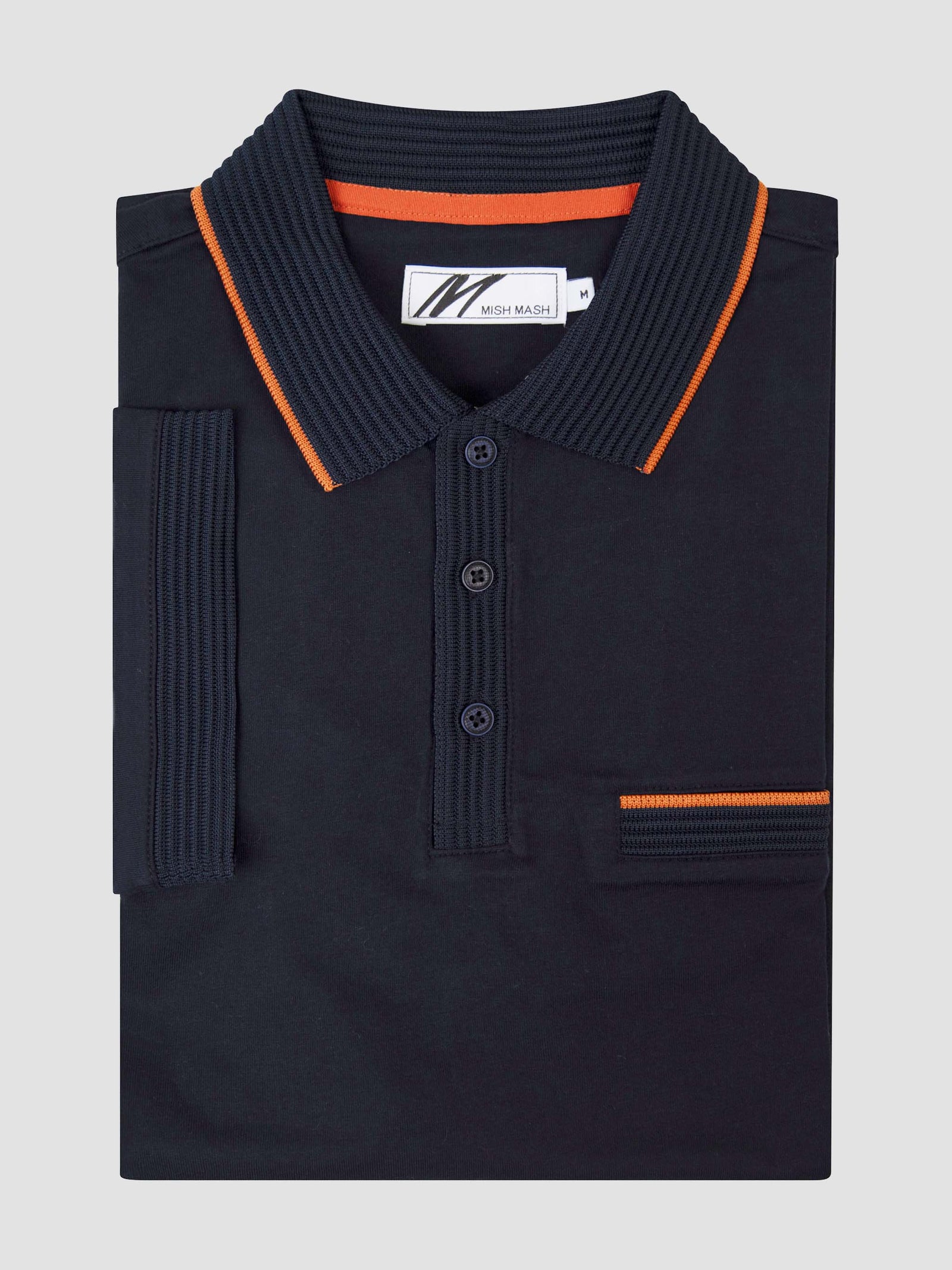 Tonto Navy short sleeve polo shirt featuring a classic collar and contrasting orange accents.