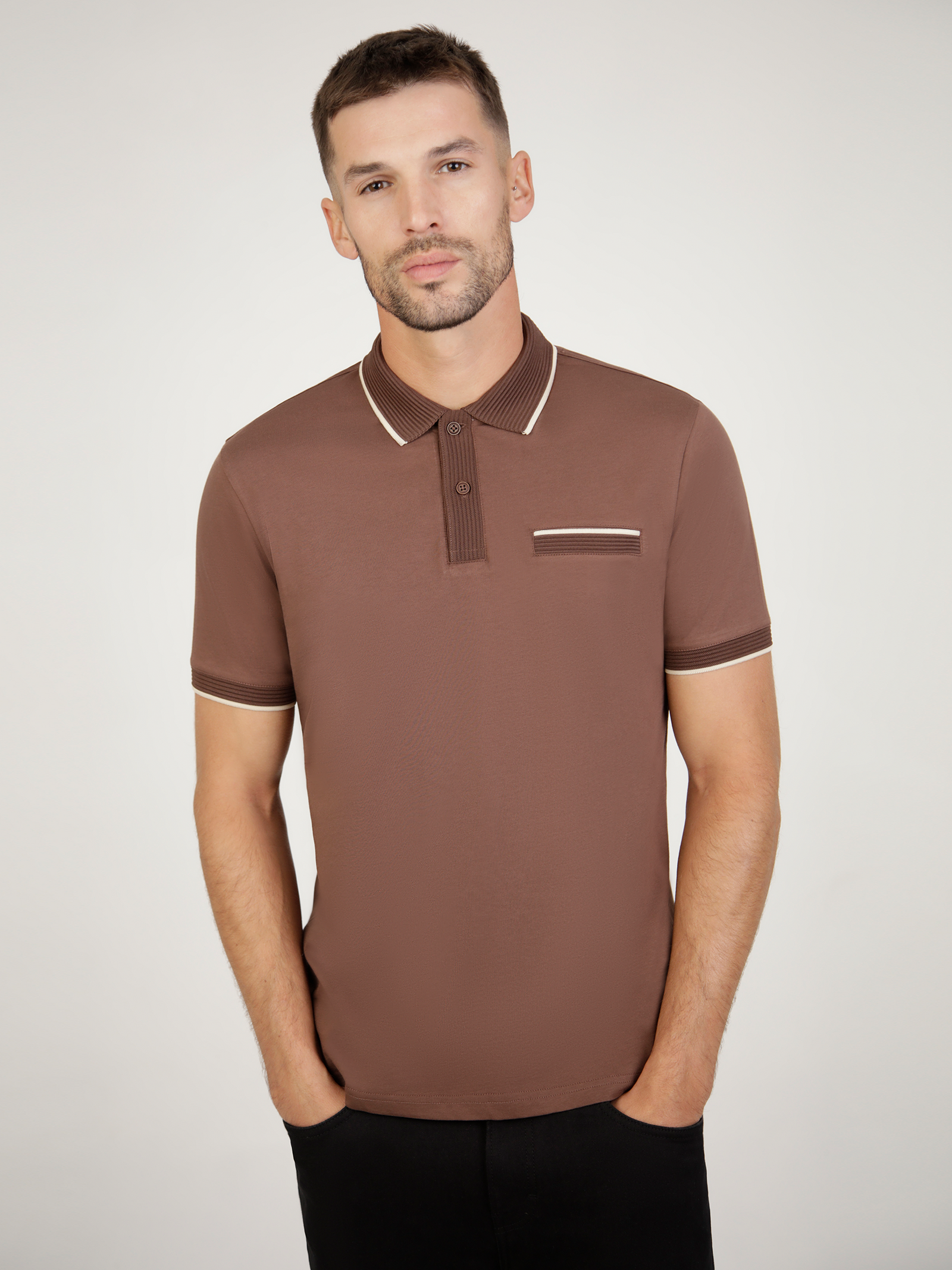 Tonto Mocha short-sleeve polo featuring textured rib collar, button placket, and side pocket in stylish brown.
