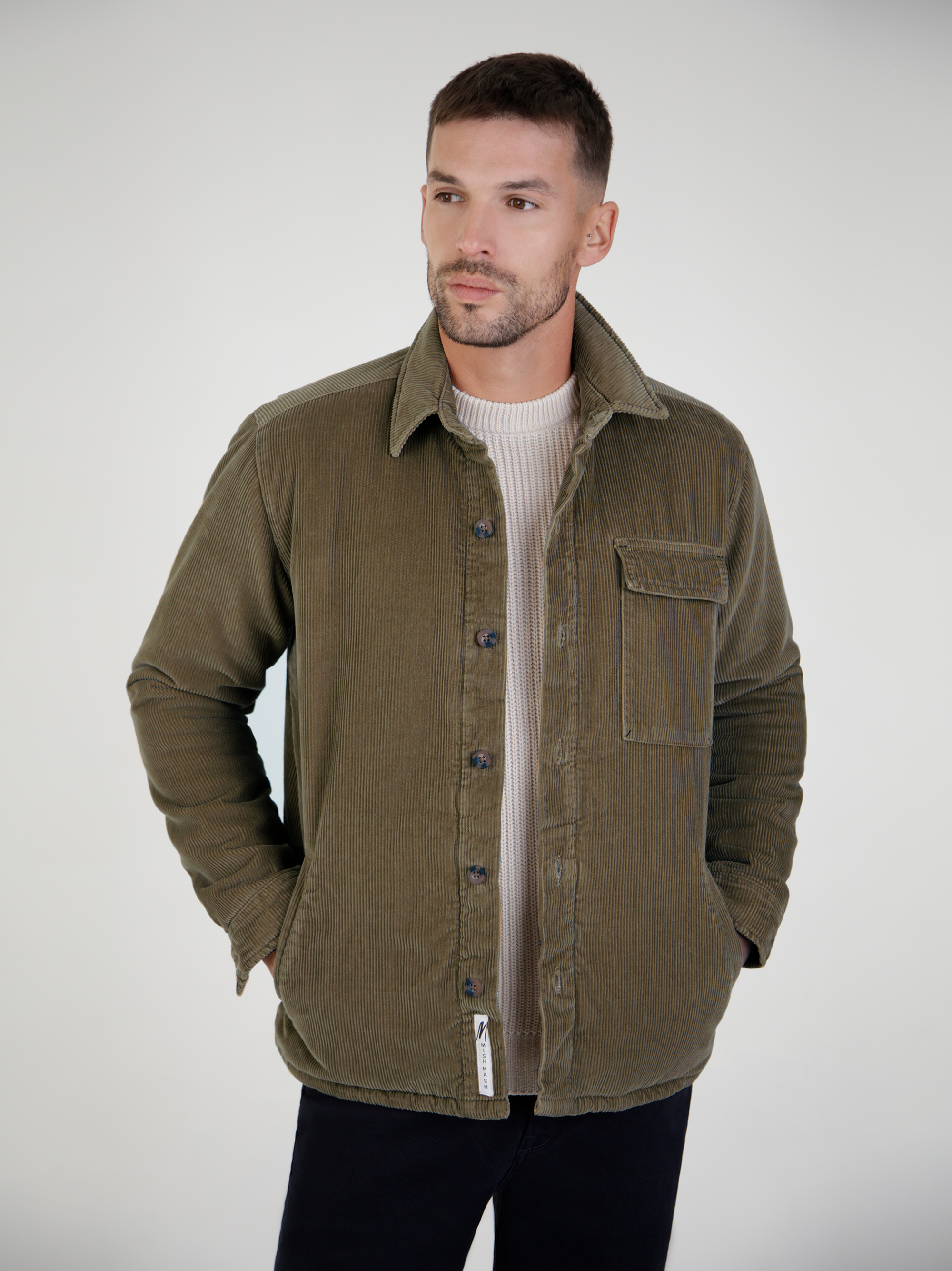 Vanguard Khaki Cord Jacket featuring a front button placket and chest pocket in soft, lightweight corduroy fabric.