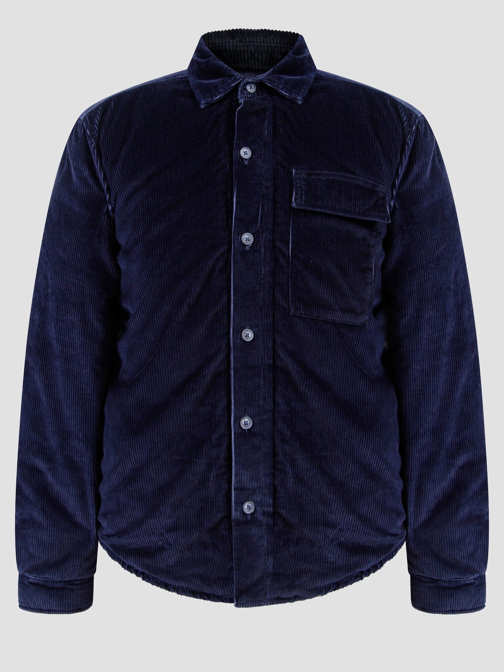 Vanguard navy cord jacket front view, lightweight with button placket and chest pocket, perfect for casual wear.