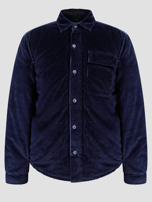 Vanguard navy cord jacket front view, lightweight with button placket and chest pocket, perfect for casual wear.