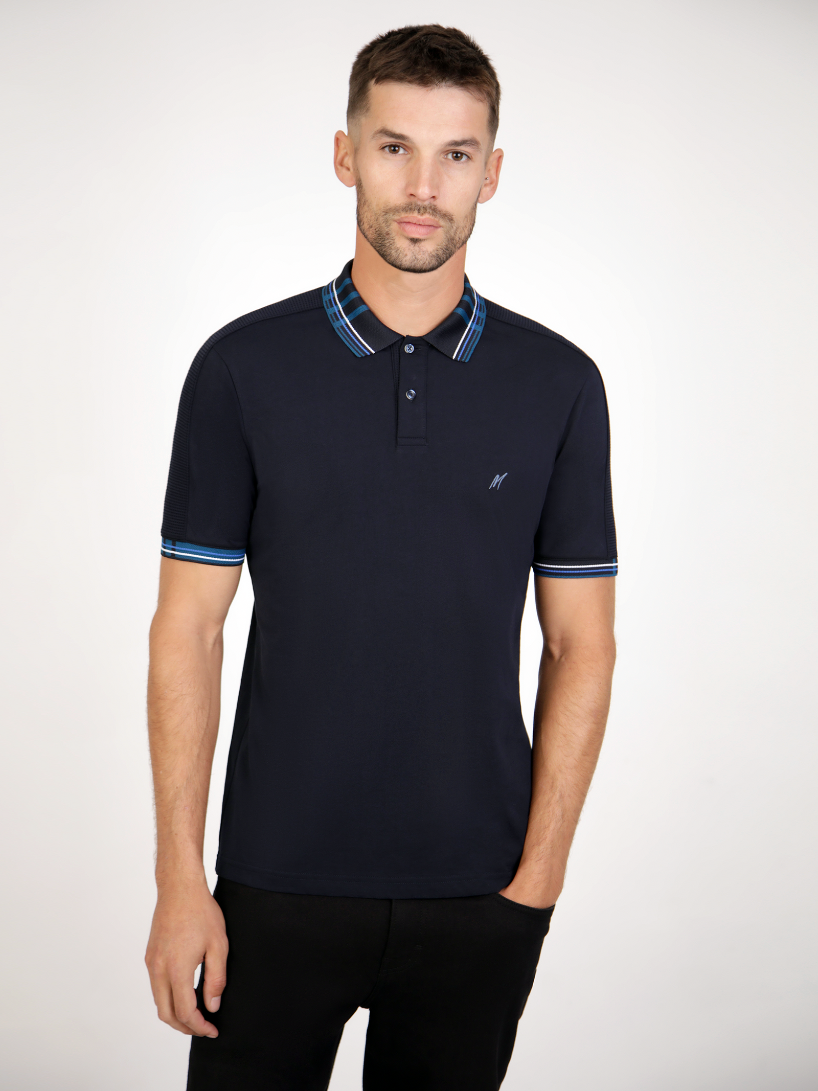Vardar Navy short sleeve polo shirt with engineered rib collar and cuff, featuring classic button placket and embroidered logo.