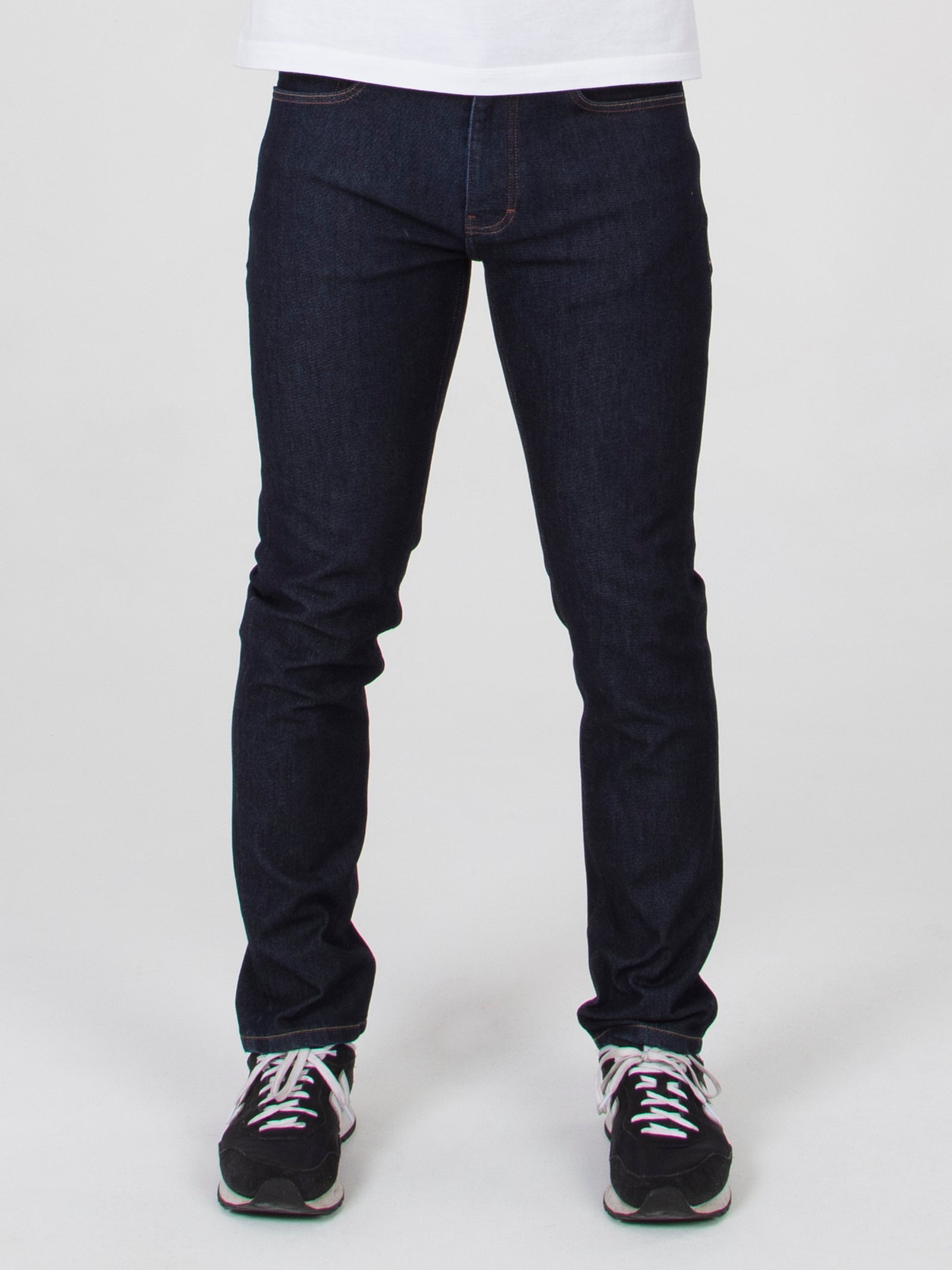 Tapered fit mid stretch ecru warp with deep indigo blue weft mens denim jeans mish mash