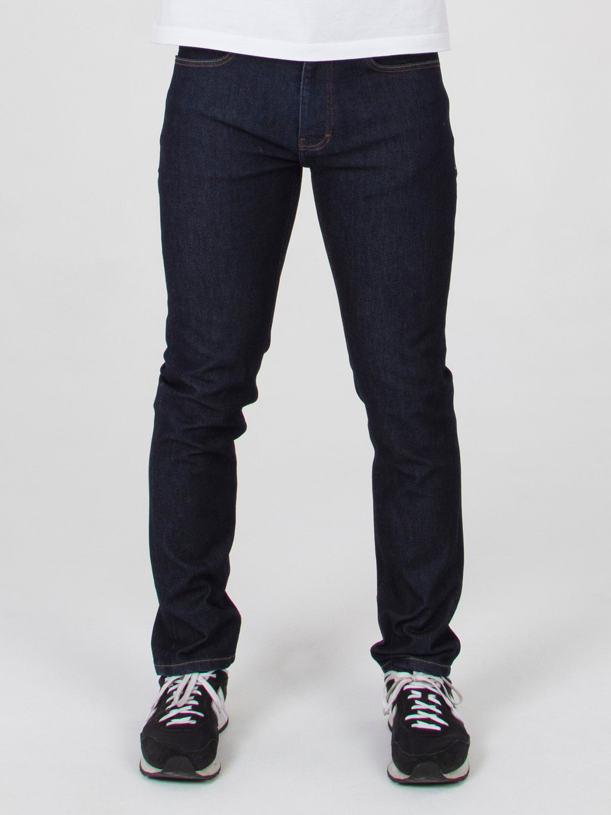 Tapered fit mid stretch ecru warp with deep indigo blue weft mens denim jeans mish mash