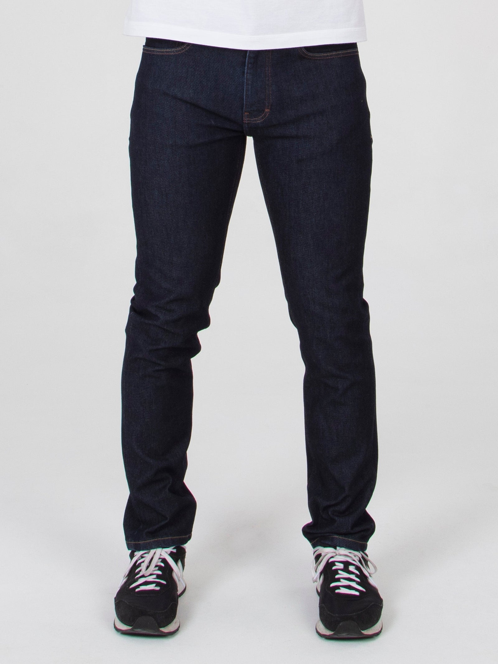 Tapered fit mid stretch ecru warp with deep indigo blue weft mens denim jeans mish mash