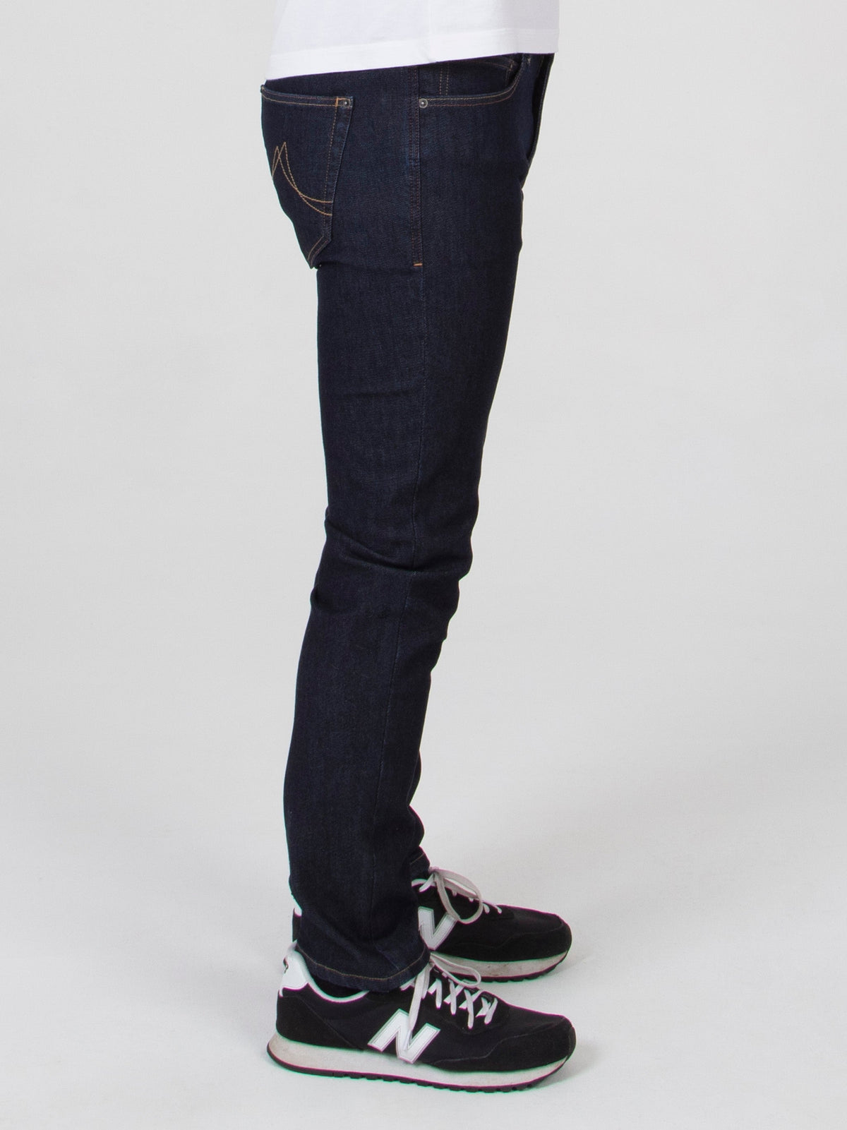 Tapered fit mid stretch ecru warp with deep indigo blue weft mens denim jeans mish mash