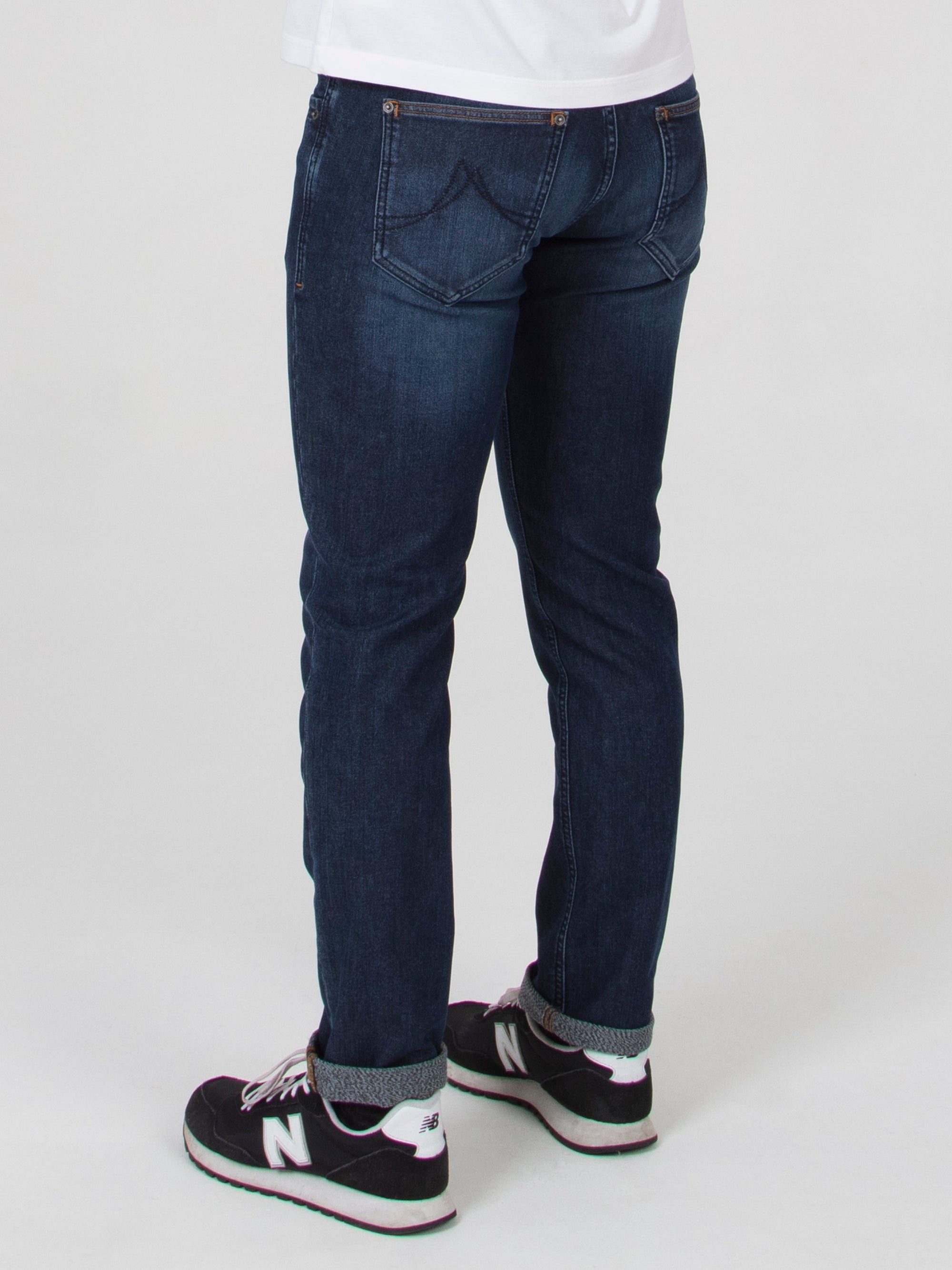Tapered fit mid stretch washed indigo blue with slight sanding mid stretch mens denim jean mish mash