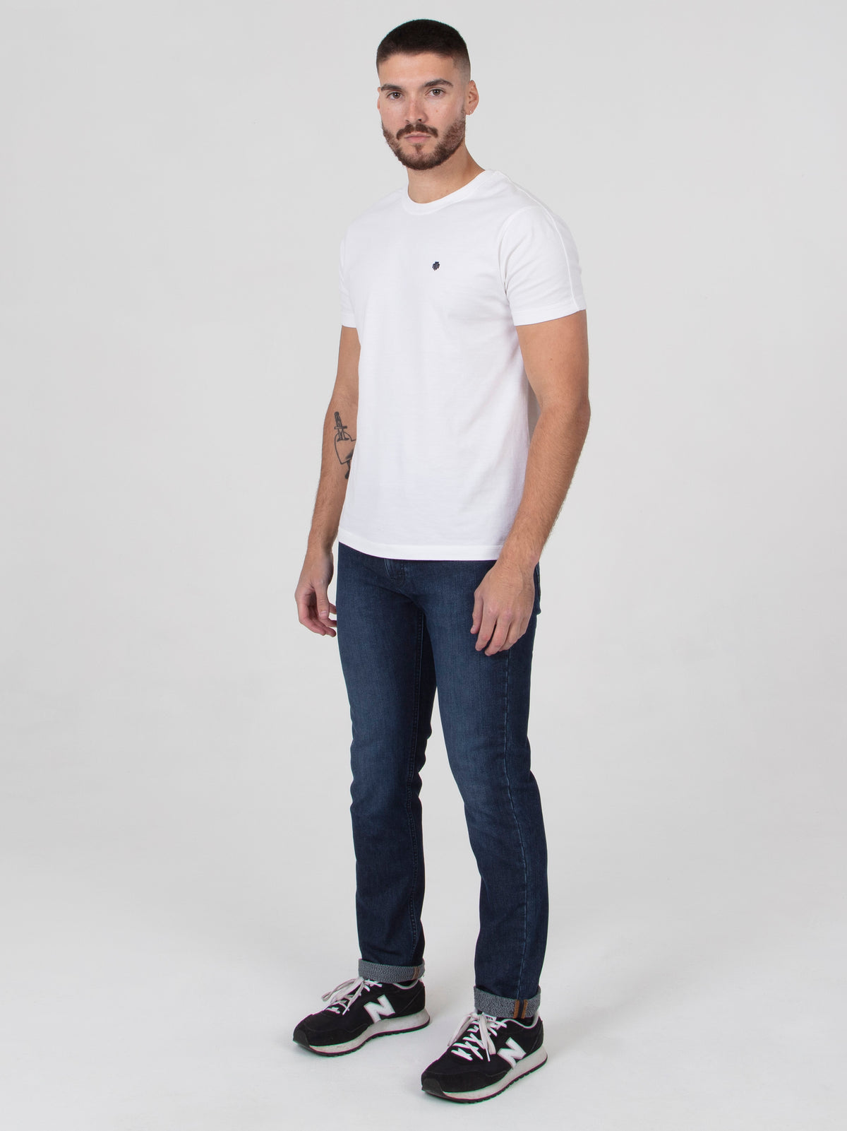 Tapered fit washed indigo blue with slight sanding mid stretch mens denim jean mish mash