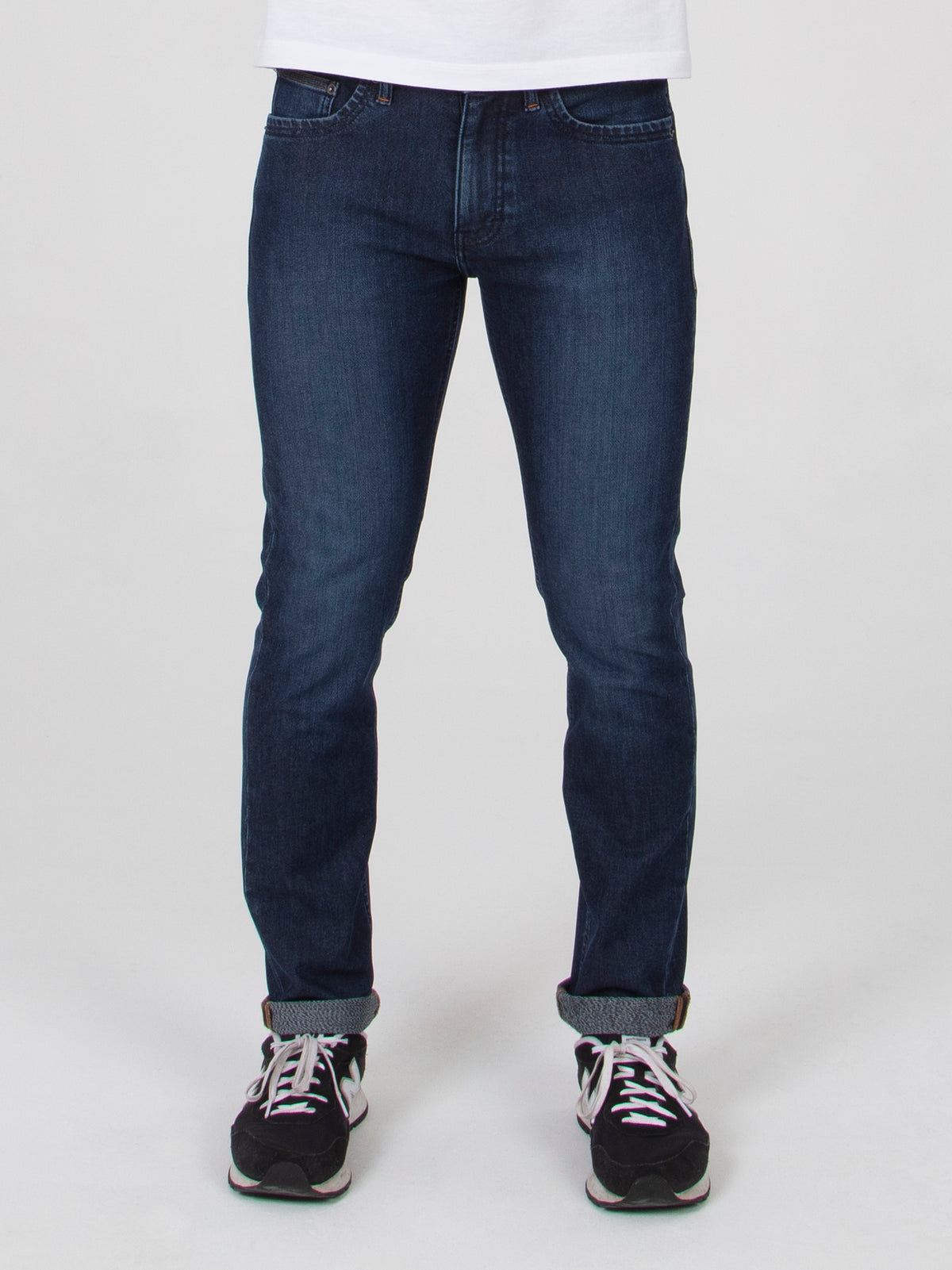 Tapered fit mid stretch washed indigo blue with slight sanding mid stretch mens denim jean mish mash