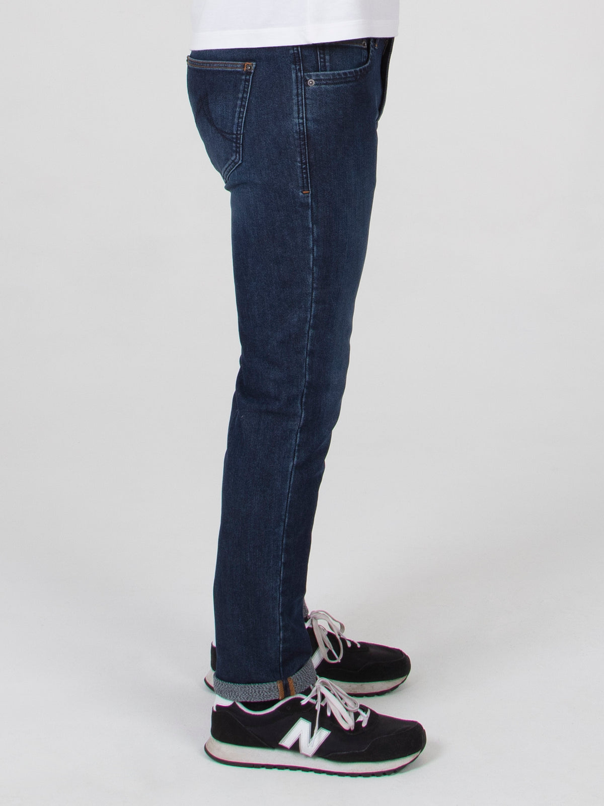 Tapered fit washed indigo blue with slight sanding mid stretch mens denim jean mish mash