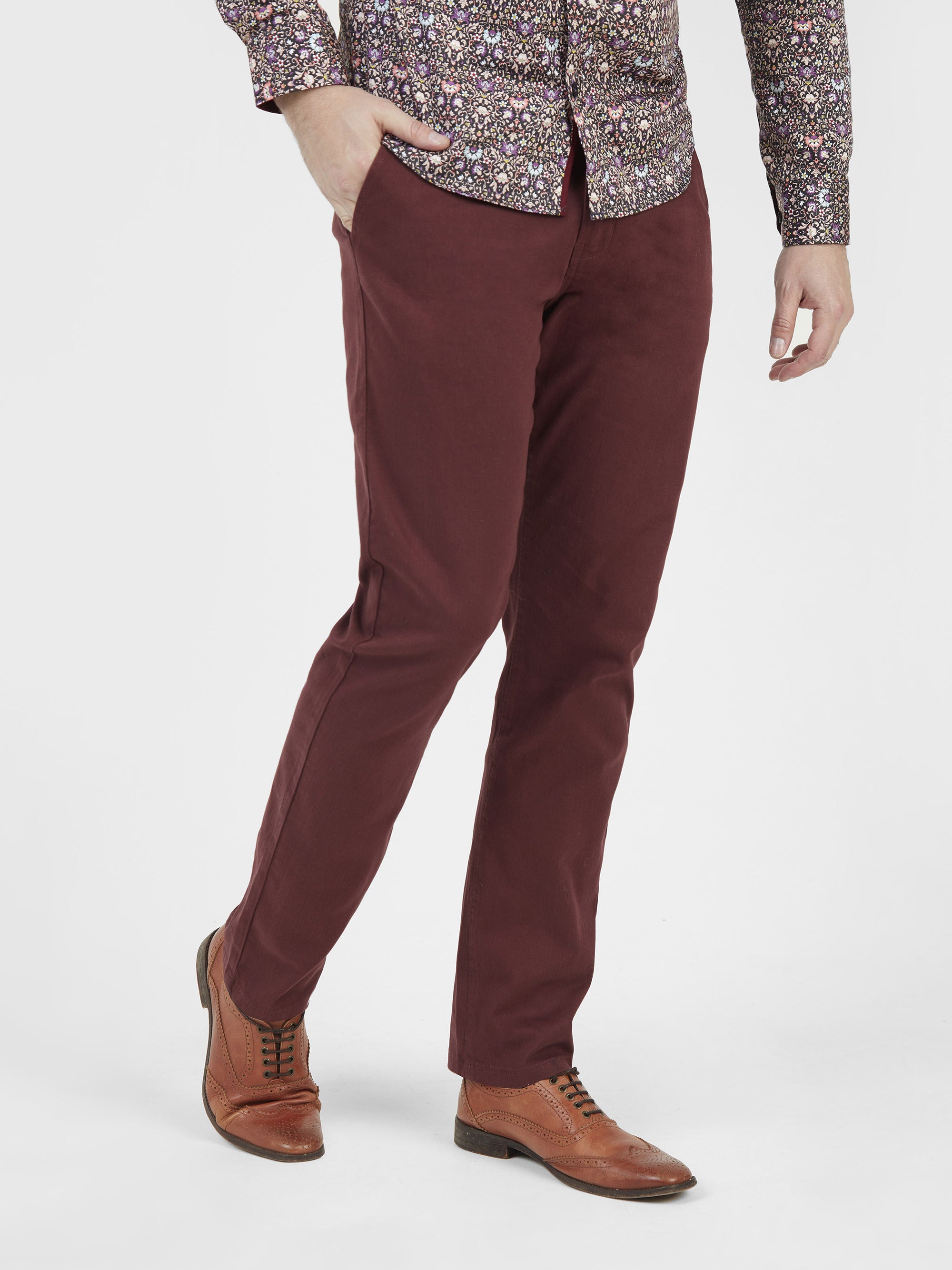 Cotton stretch mens chino trouser burgundy mish mash jeans