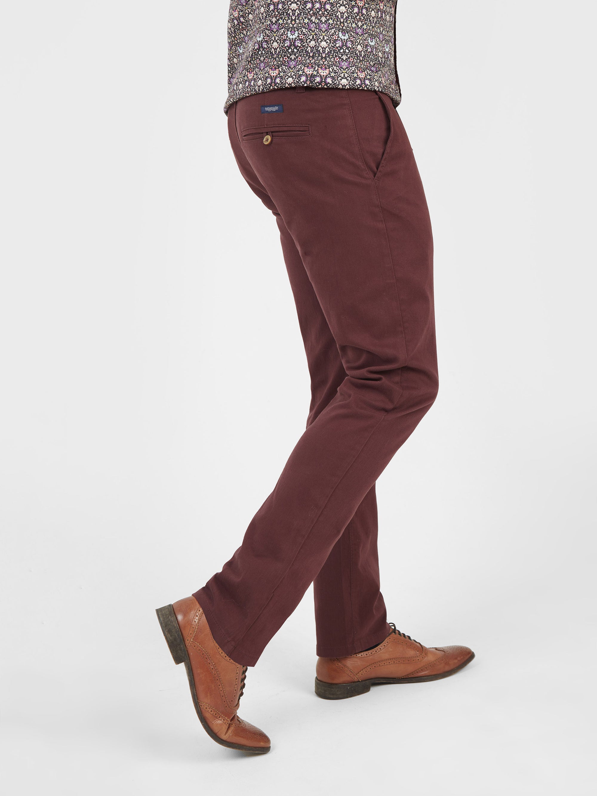 Cotton stretch mens chino trouser burgundy mish mash jeans
