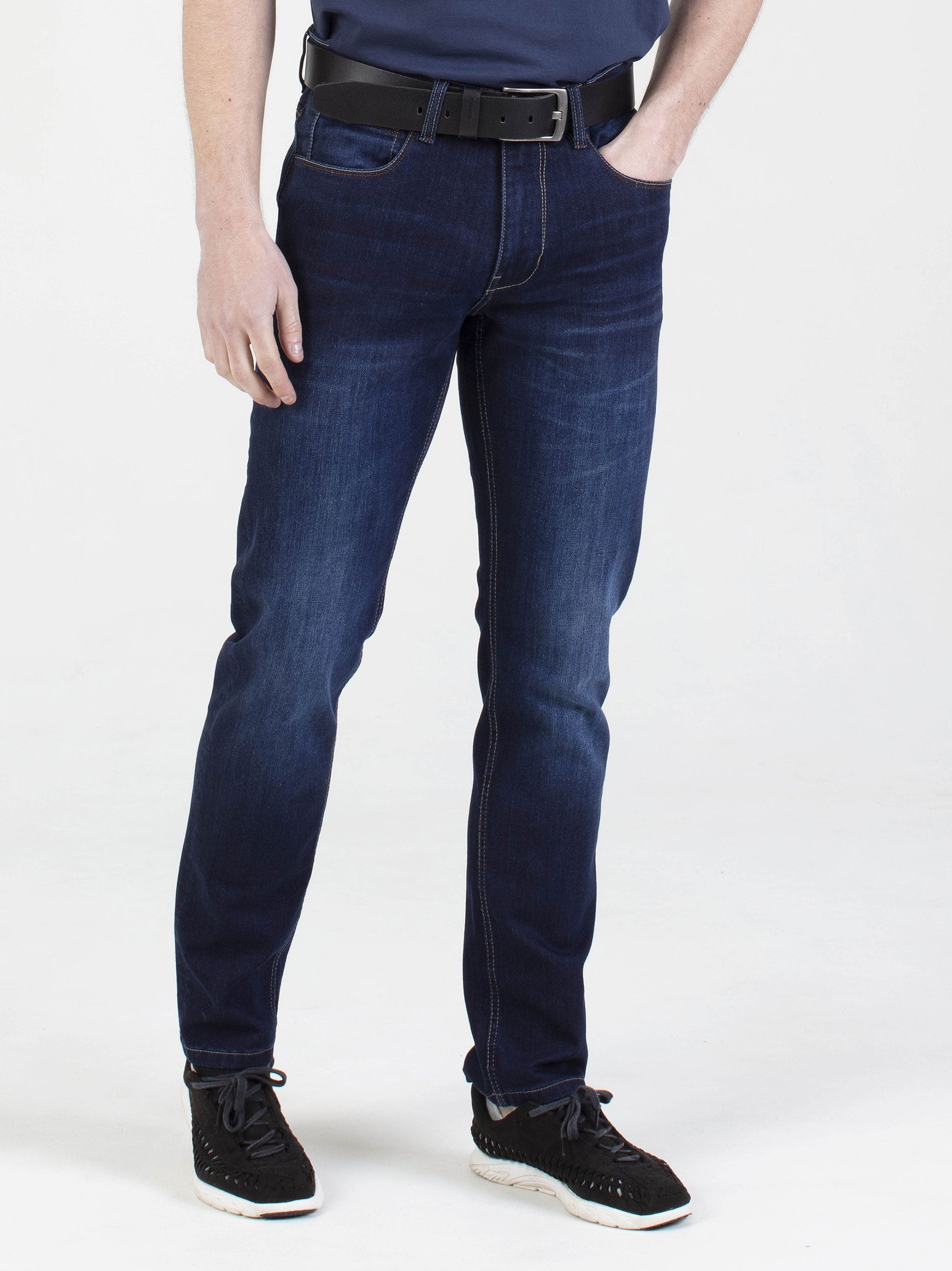 Stretch mens dark wash sustainable recycled tapered fit denim jean mish mash