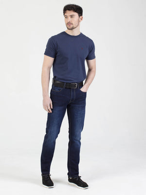 Stretch mens dark wash sustainable recycled tapered fit denim jean mish mash