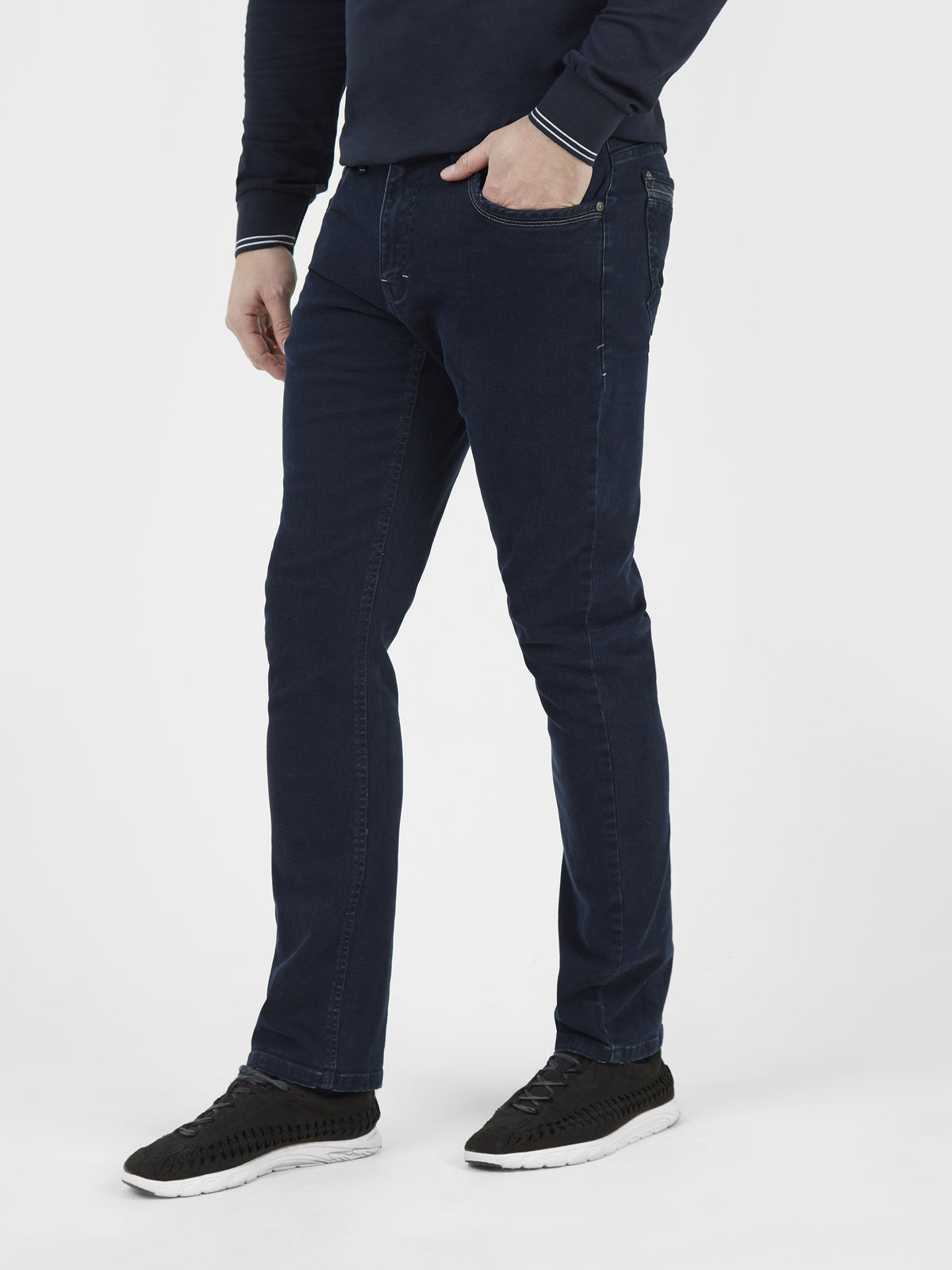 Stretch mens brushed dark blue tapered fit denim jean mish mash