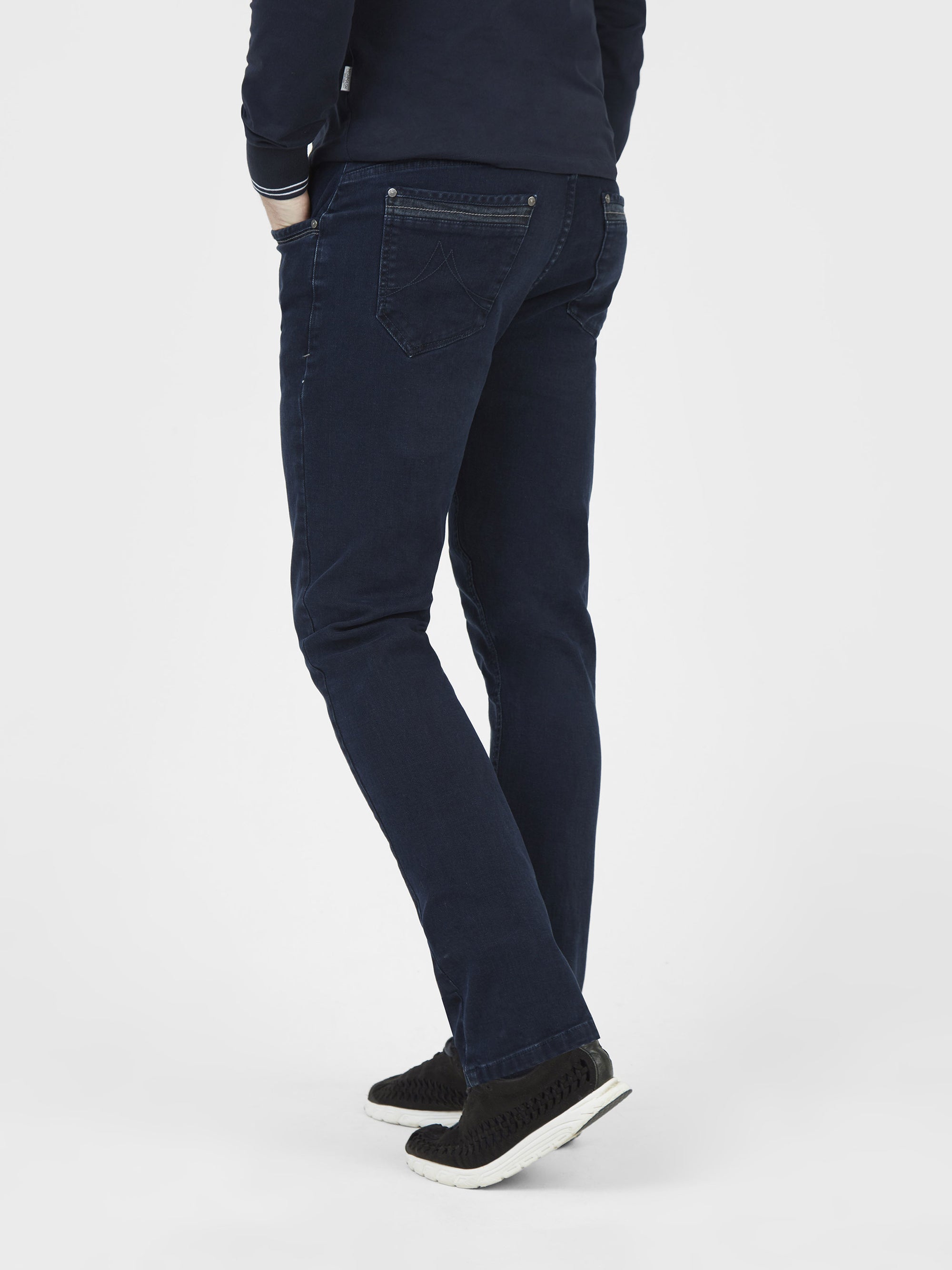 Stretch mens brushed dark blue tapered fit denim jean mish mash