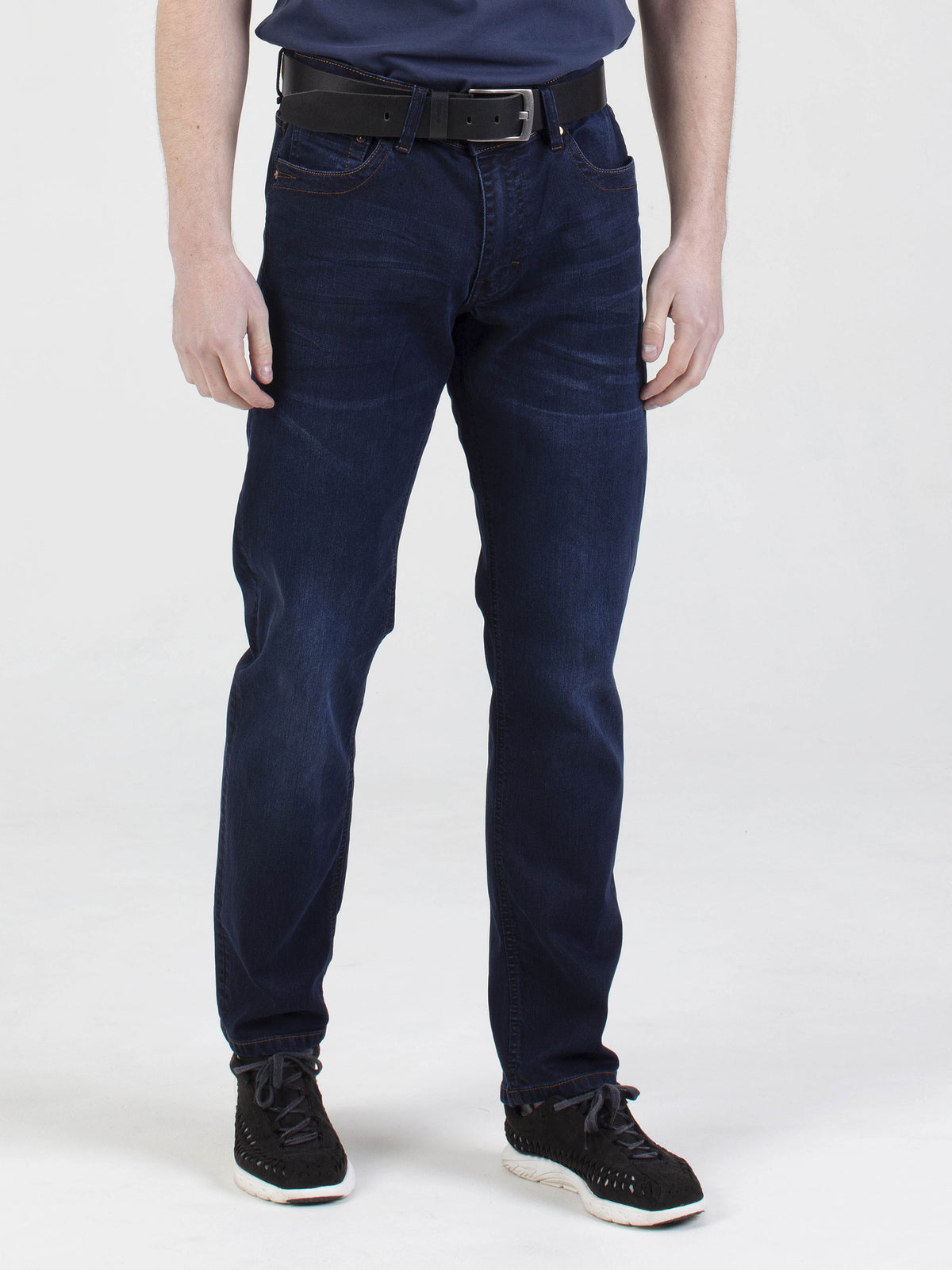 Stretch mens blue black dark wash tapered fit denim jean mish mash