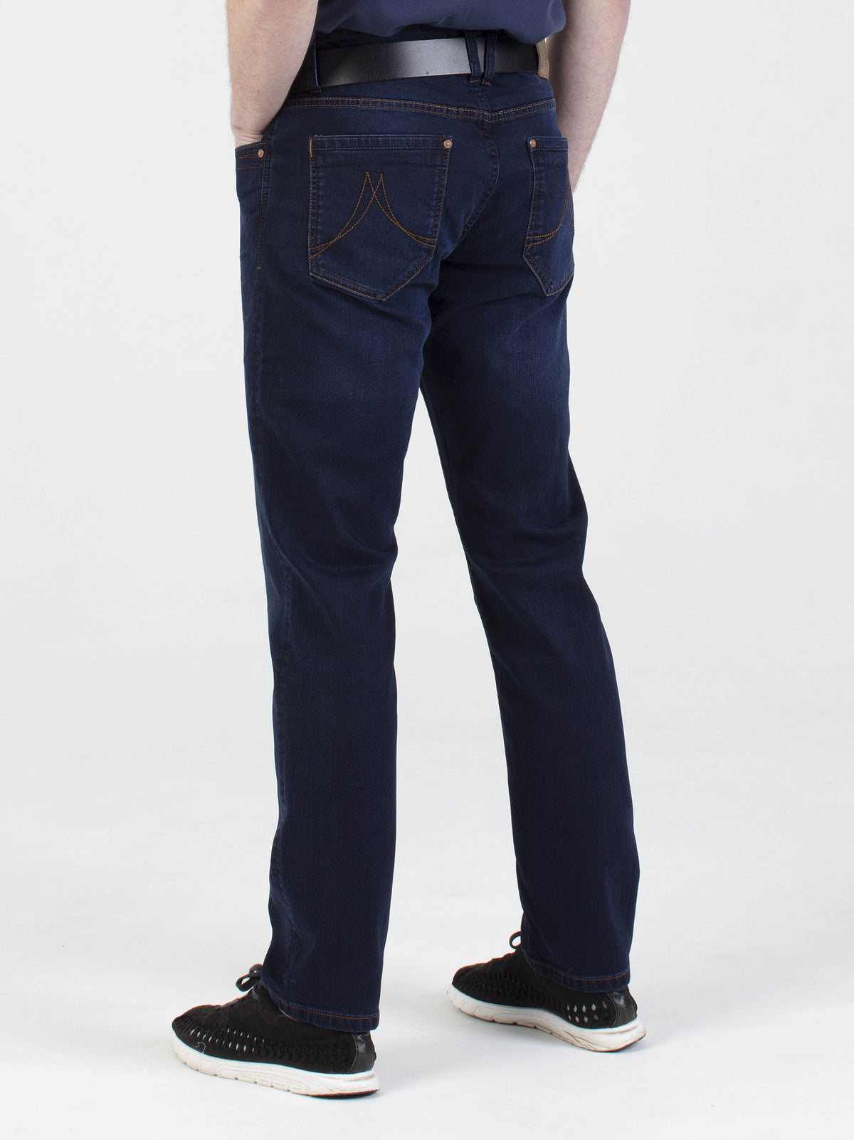 Stretch mens blue black dark wash tapered fit denim jean mish mash