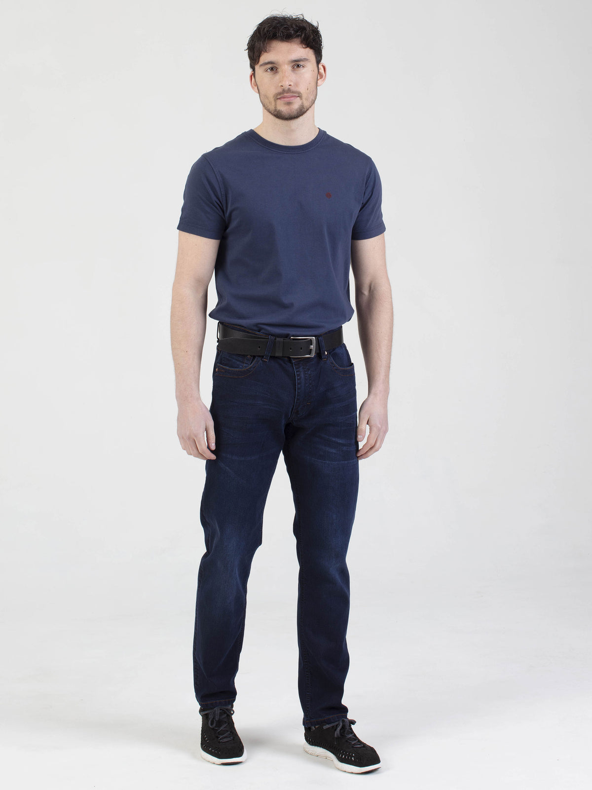 Stretch mens blue black dark wash tapered fit denim jean mish mash