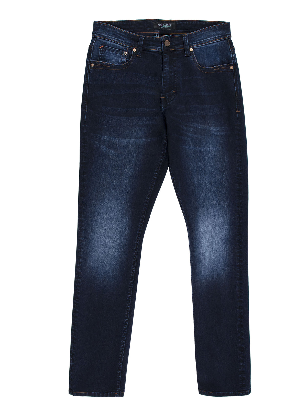 Stretch mens blue black dark wash tapered fit denim jean mish mash