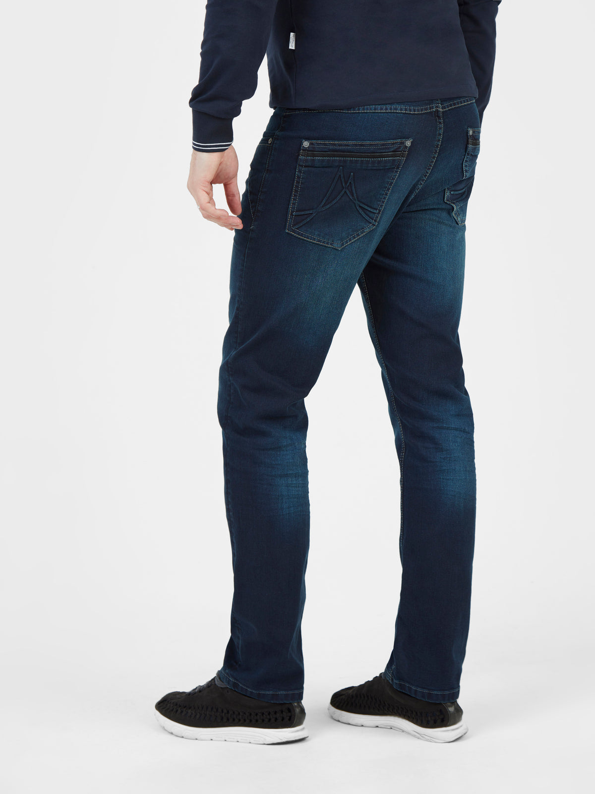 Tapered fit mid stretch deep blue wash mens denim jeans mish mash